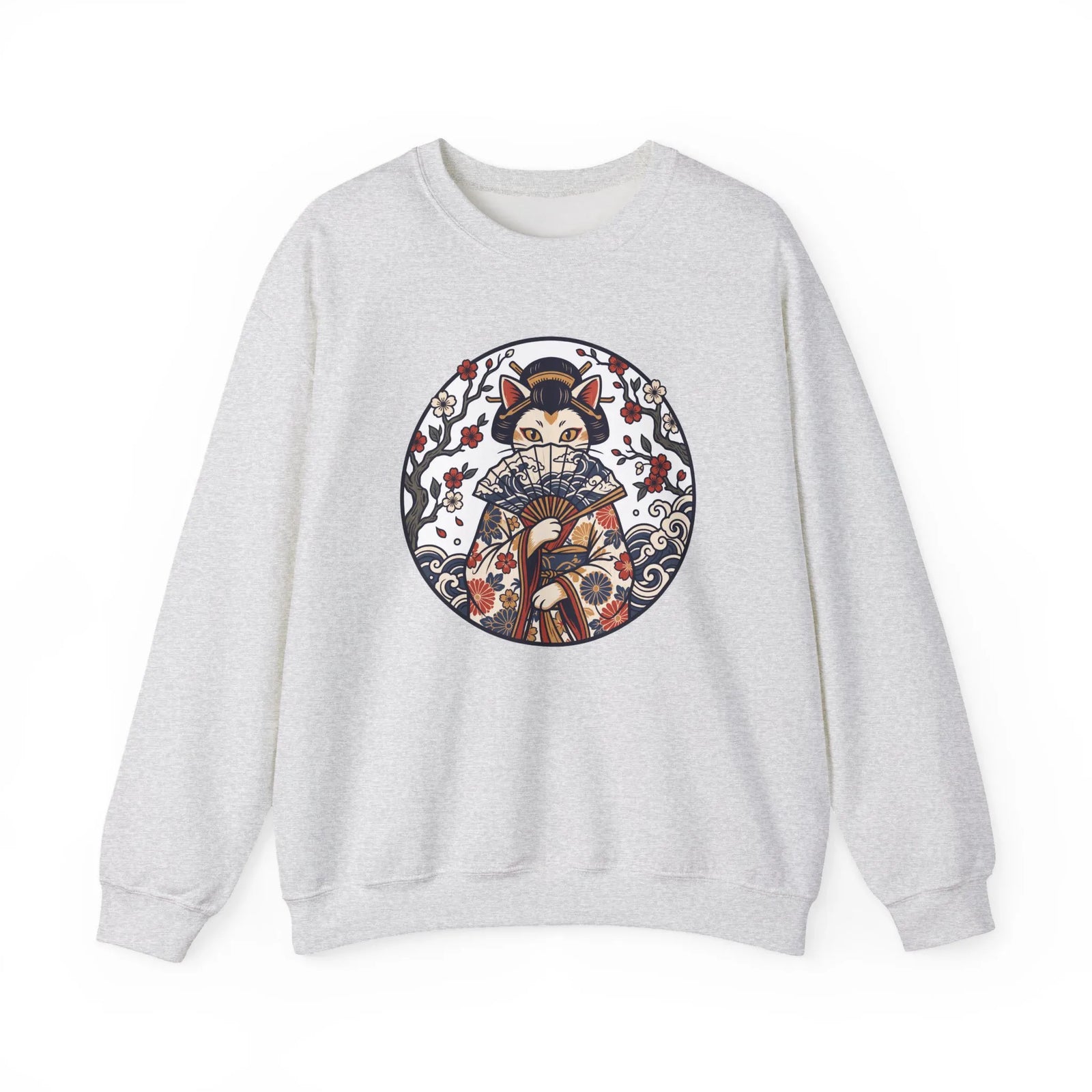 Ukiyo-e Samurai Cats Fan Dancer Sweatshirt - Heavy Blend Fleece Crewneck - Unisex White