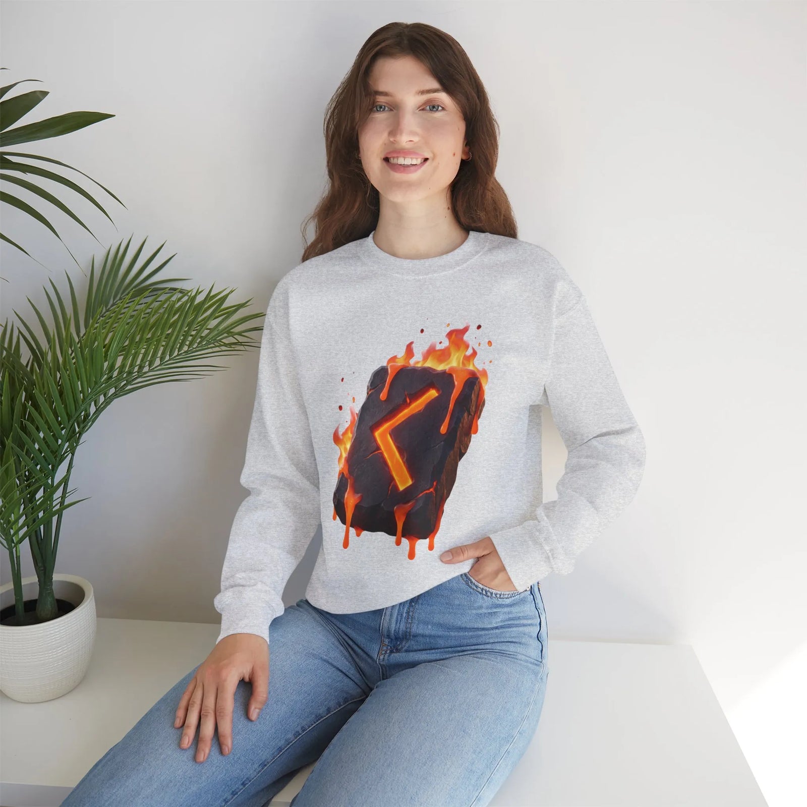 Kenaz Rune Fire Graphic Sweatshirt - Heavy Blend Fleece Crewneck - Unisex White