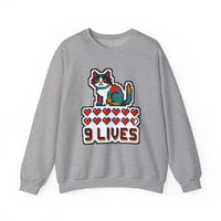 Nine Lives 8-Bit Pixel Gaming Cat Sweatshirt - Heavy Blend Fleece Crewneck - Unisex White
