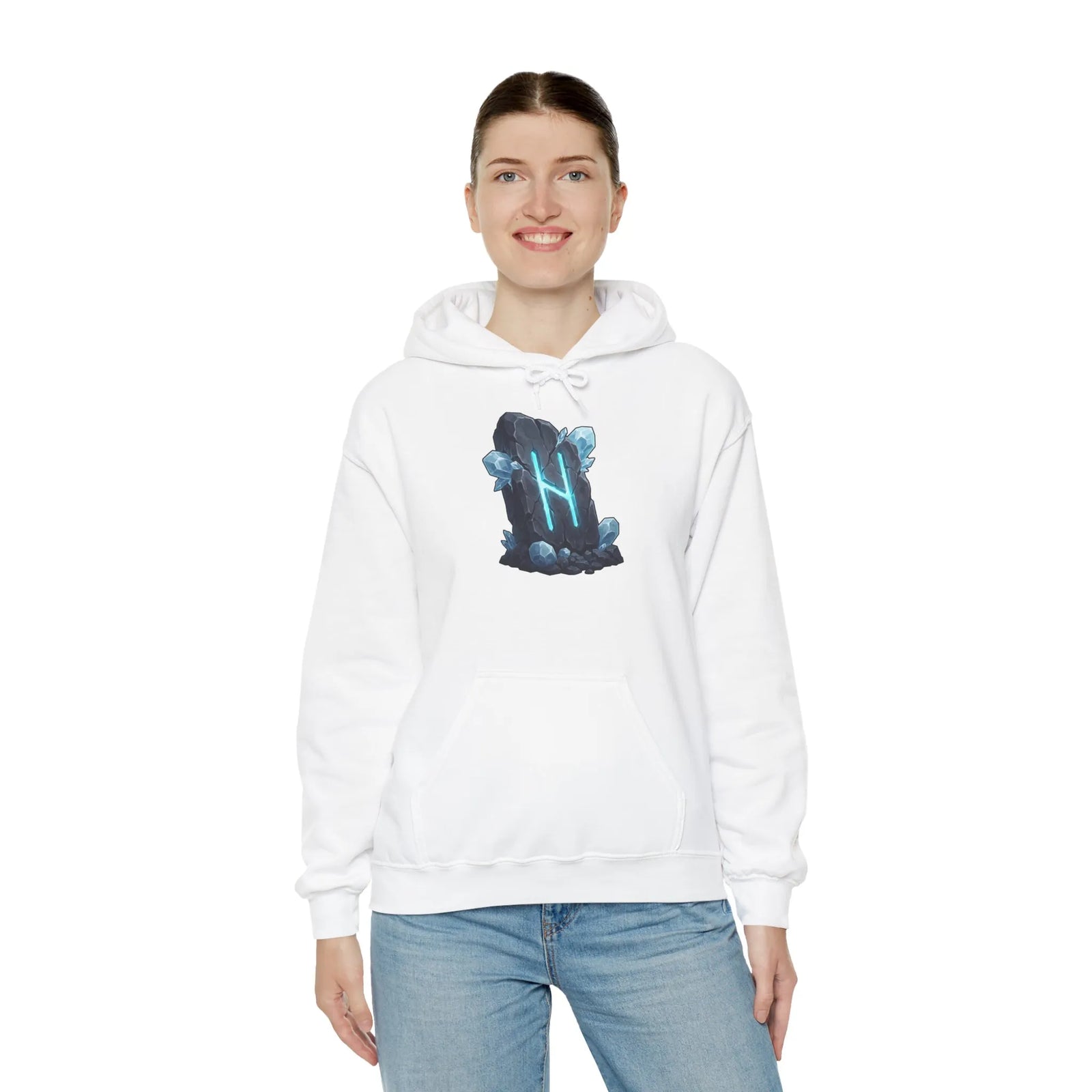 Hagalaz Rune Stone Graphic Hoodie - Heavy Blend Fleece Pullover - Unisex White