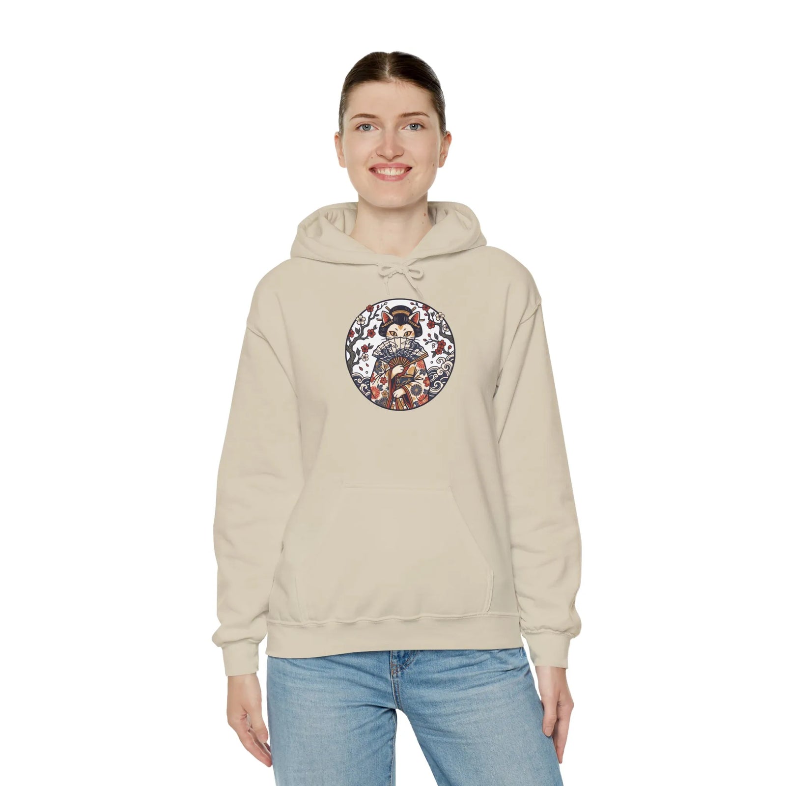 Ukiyo-e Samurai Cat Fan Dancer Hoodie - Heavy Blend Fleece Pullover - Unisex White