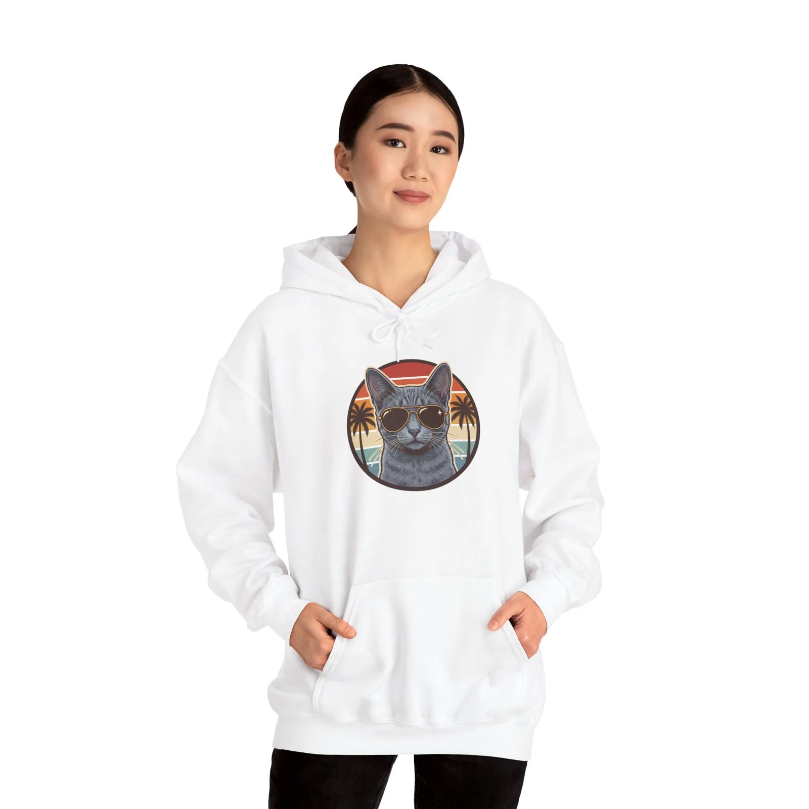 Russian Blue Aviator Cat 70s Sunset Hoodie - Soft Blend Fleece Pullover - Unisex White