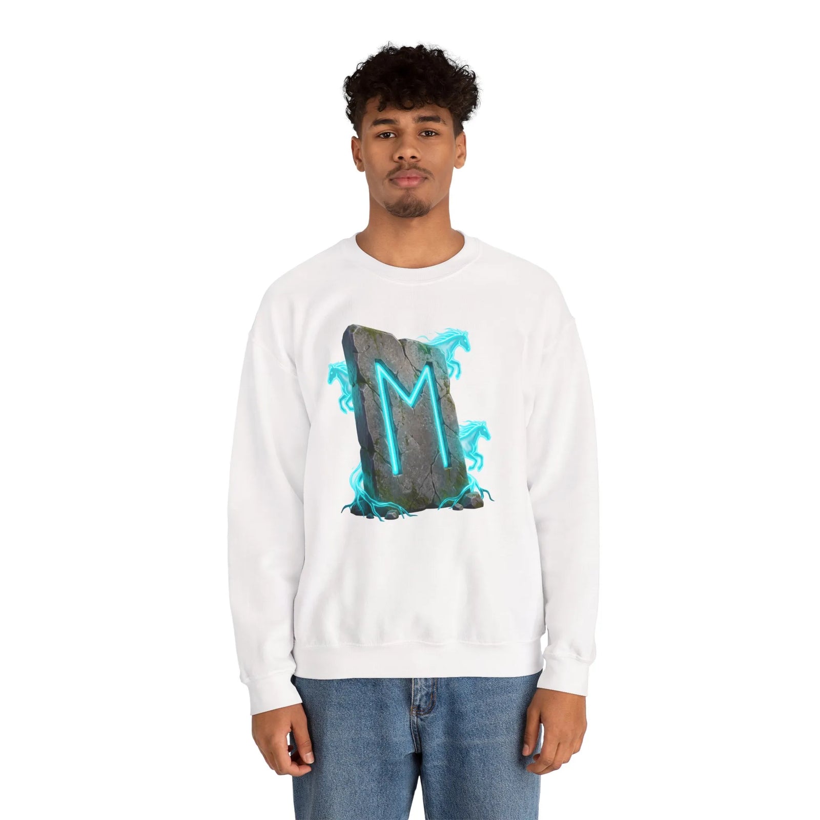 Ehwaz Rune Spirit Horse Sweatshirt - Heavy Blend Classic Fit Crewneck - Unisex White