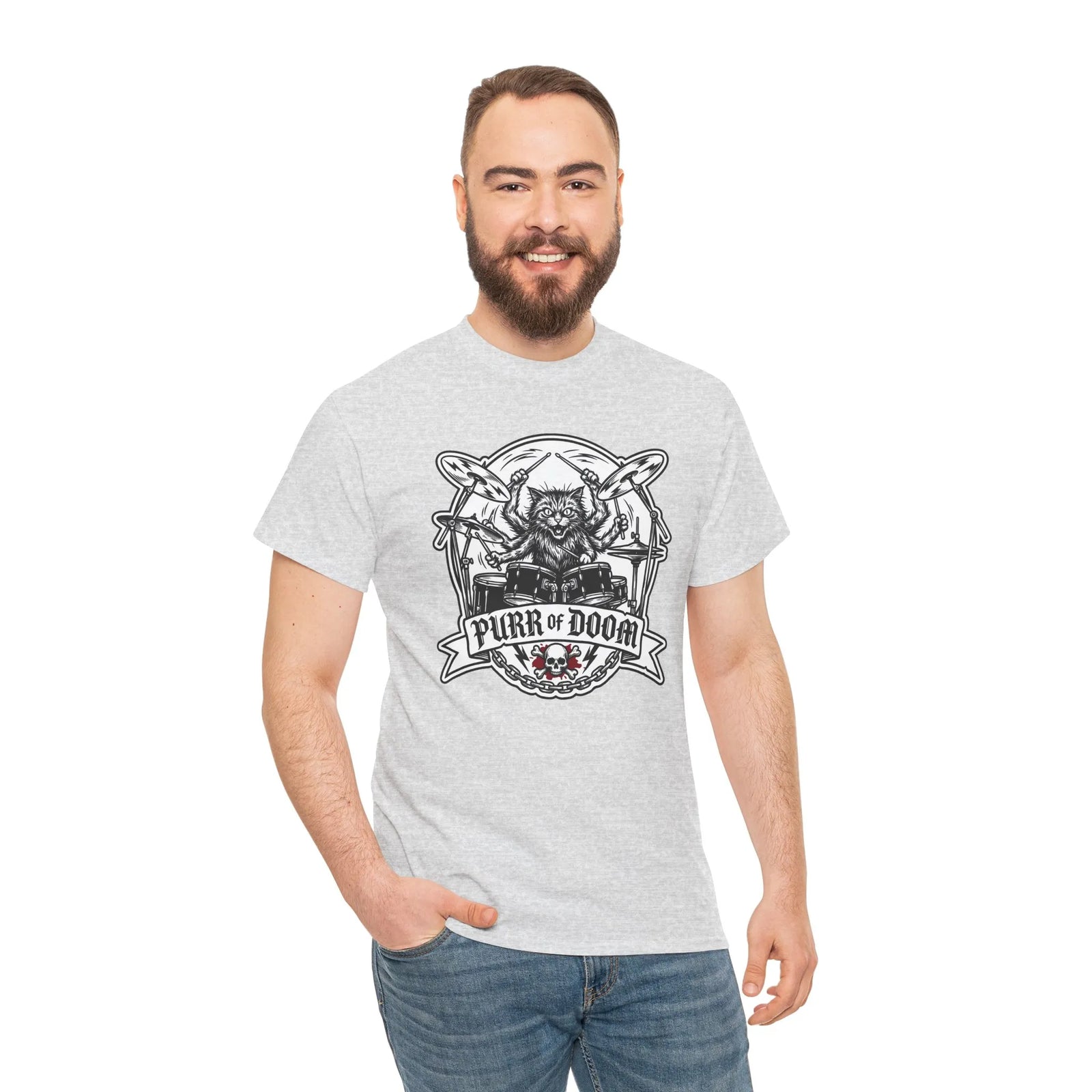 Heavy Metal Rocker Cat Drummer T-Shirt - Heavy Cotton Classic Fit Tee - Unisex White