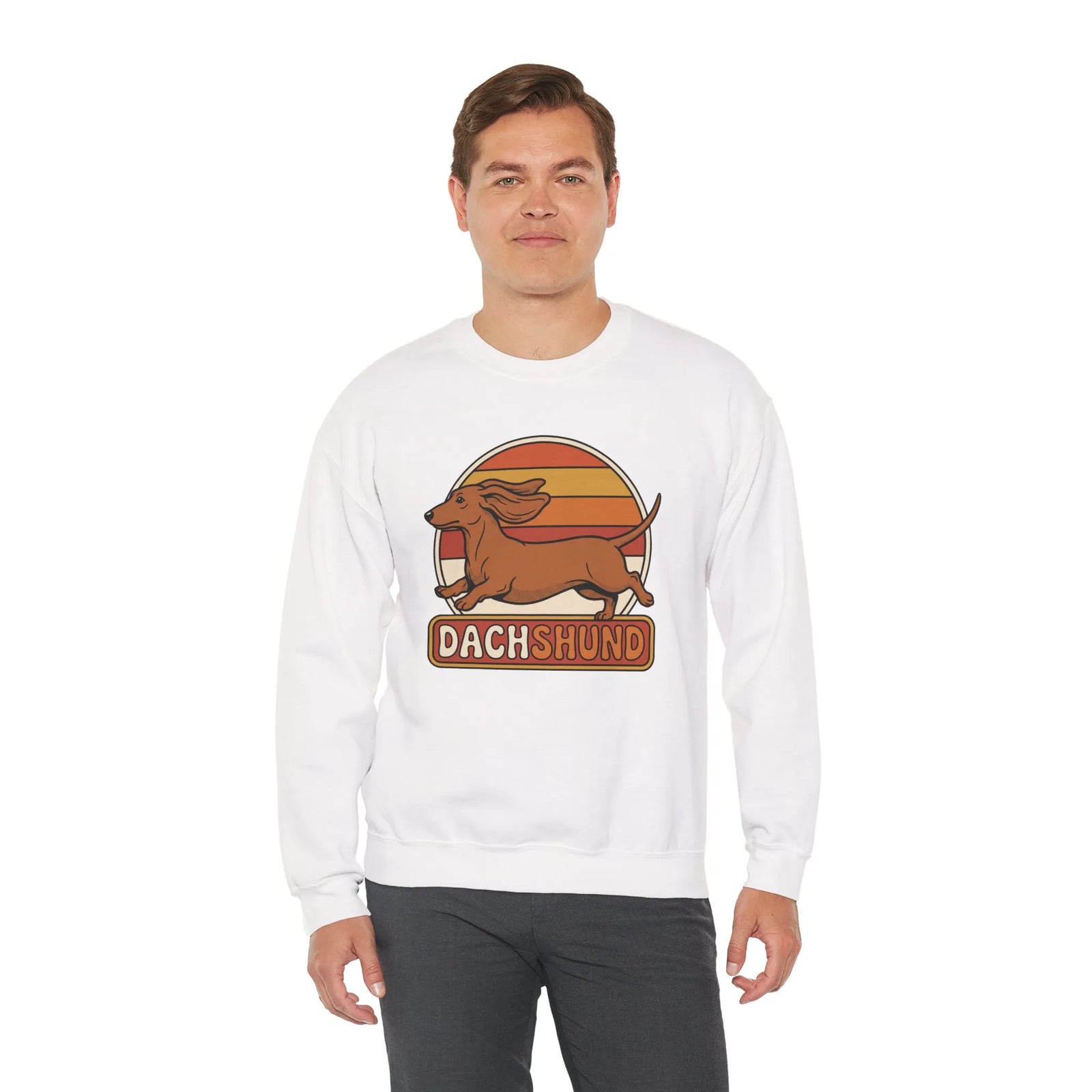 Retro 70s Sunset Dachshund Sweatshirt - Heavy Blend Cotton Blend Crewneck - Unisex White
