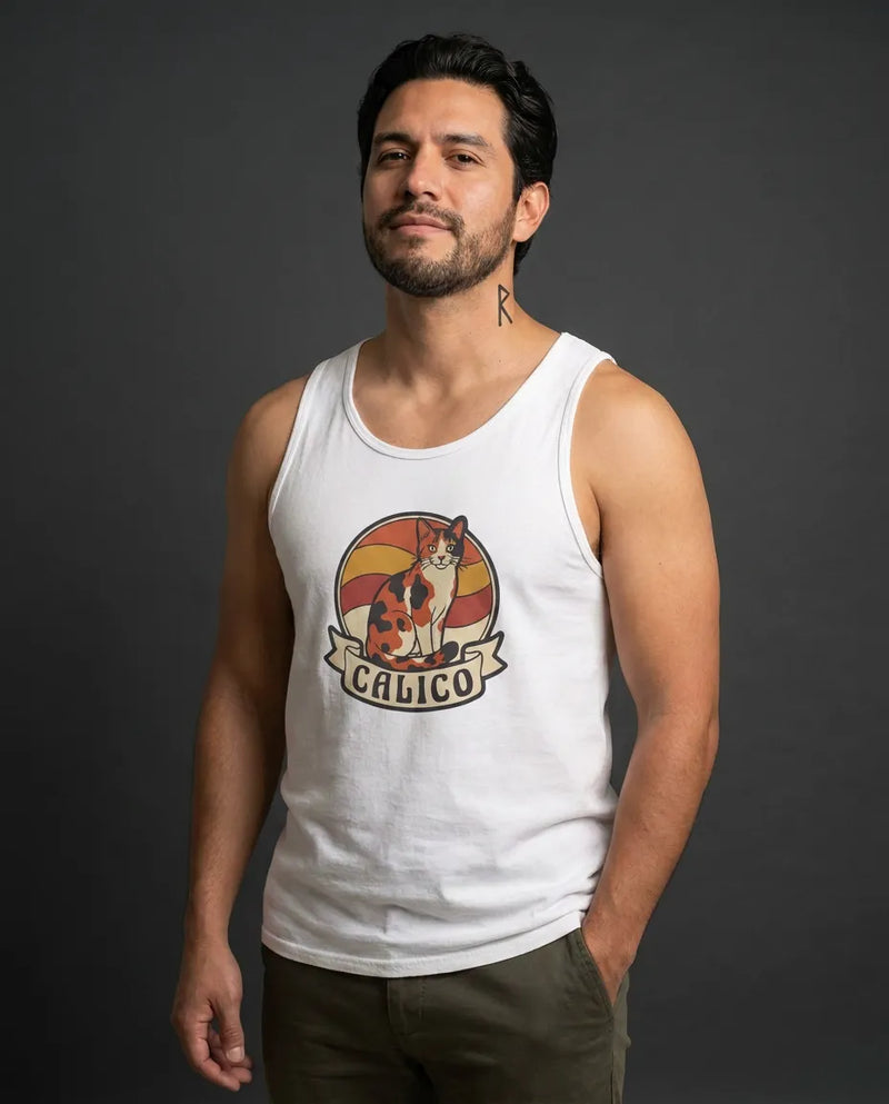 Calico Cat Retro Sunset Tank Top - Lightweight Cotton Jersey Retail Fit - Unisex White