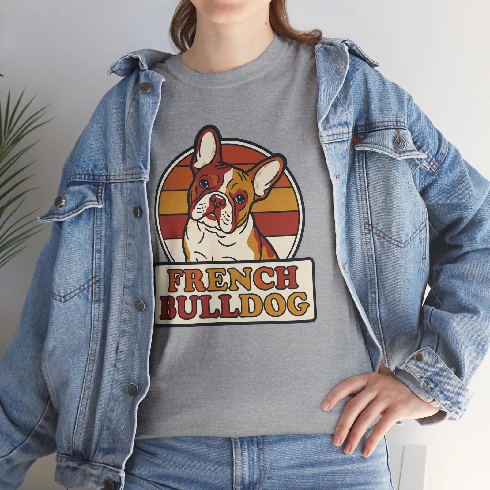 French Bulldog Retro 70s Sunset T-Shirt - Heavy Cotton Classic Fit Tee - Unisex White