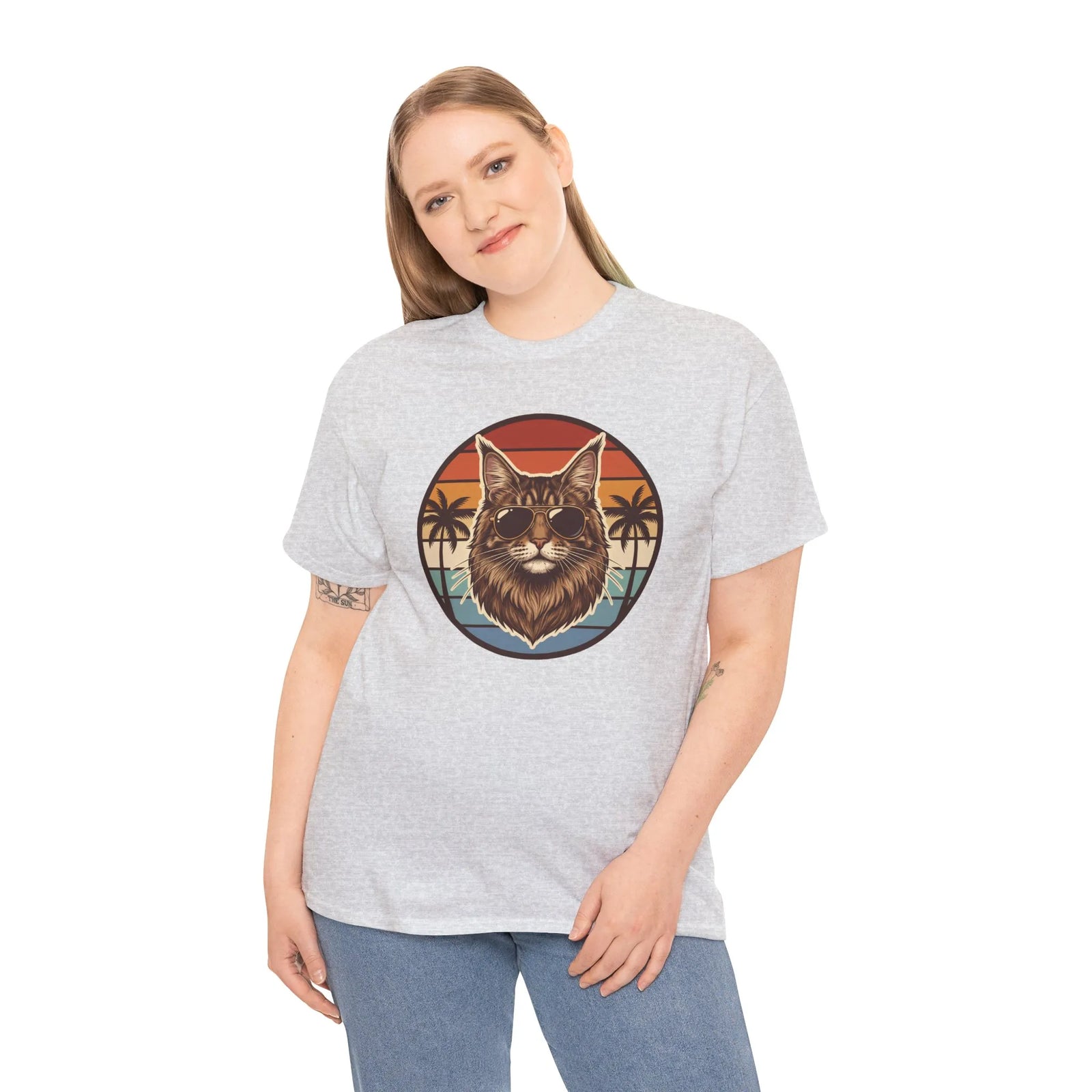 Maine Coon Cat Aviator Sunglasses T-Shirt - Heavy Cotton Classic Fit Tee - Unisex White