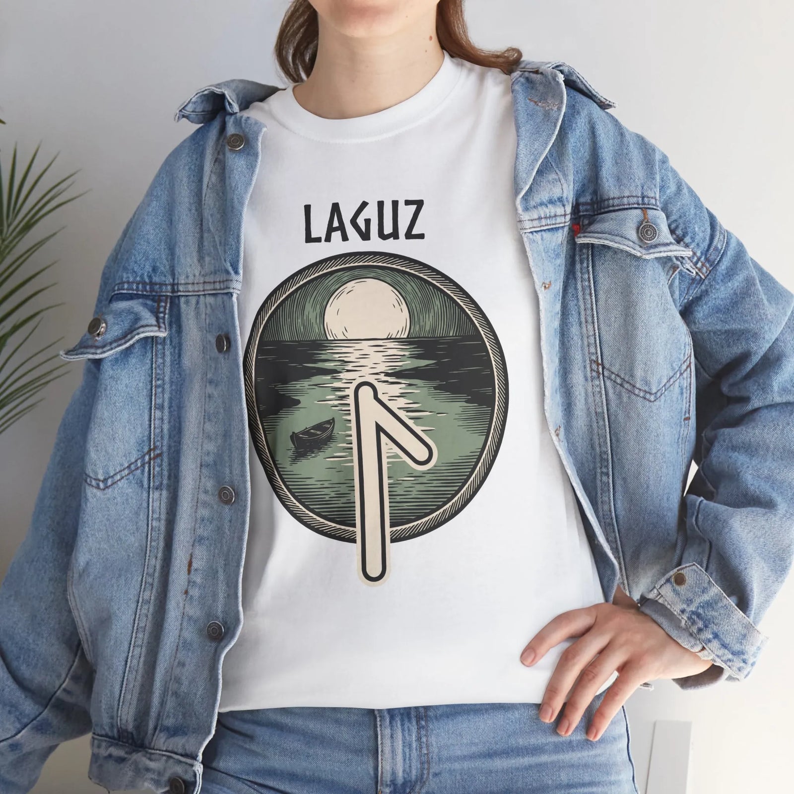 Laguz Rune Water Moon T-Shirt - Heavy Cotton Classic Fit - Unisex White