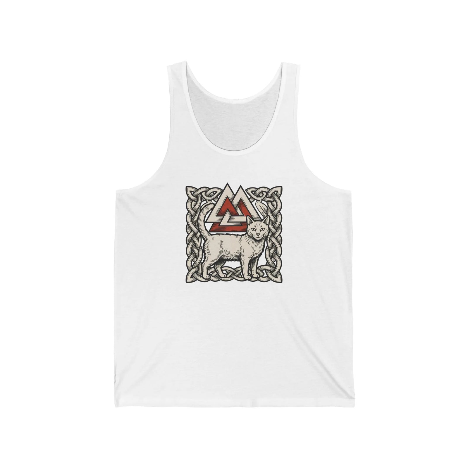 Valknut Cat Freyja Norse Woodcut Tank Top - Lightweight Ring-Spun Cotton Jersey - Unisex White