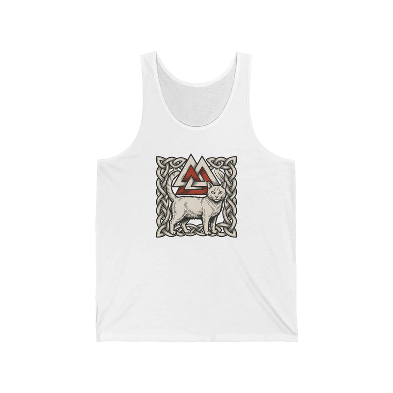 Valknut Cat Freyja Norse Woodcut Tank Top - Lightweight Ring-Spun Cotton Jersey - Unisex White