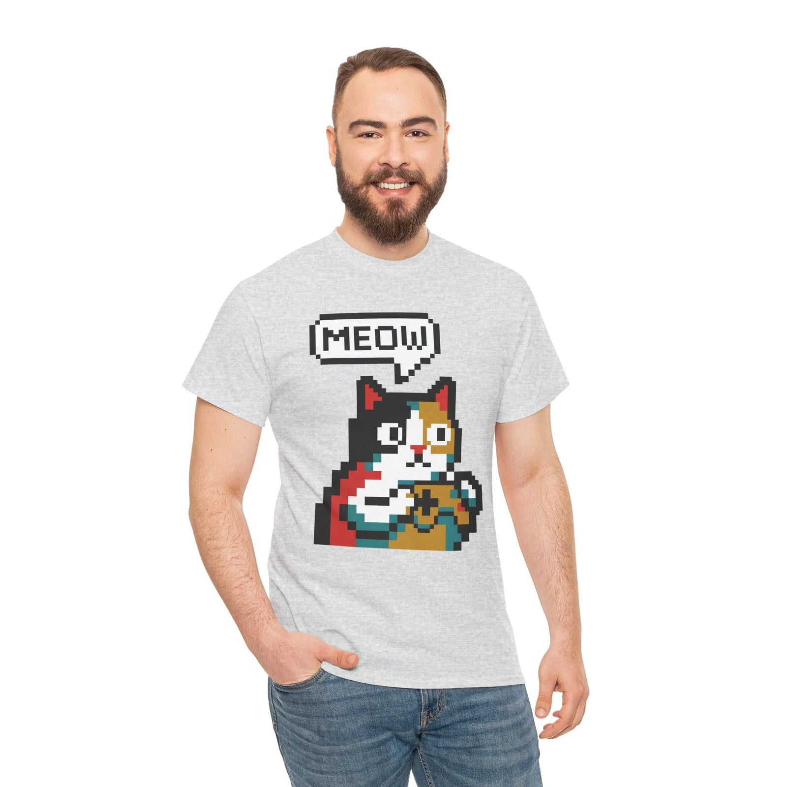 Player One 8-Bit Pixel Gaming Cats T-Shirt - Heavyweight 100% Cotton Tee - Unisex White
