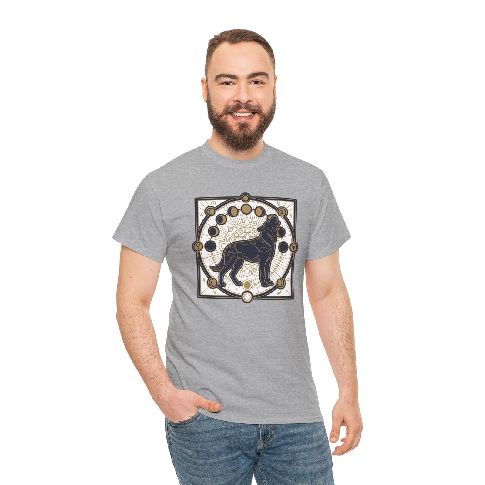Sacred Geometry Spirit Dog Howl T-Shirt - Heavyweight Cotton Classic Fit Tee - Unisex White