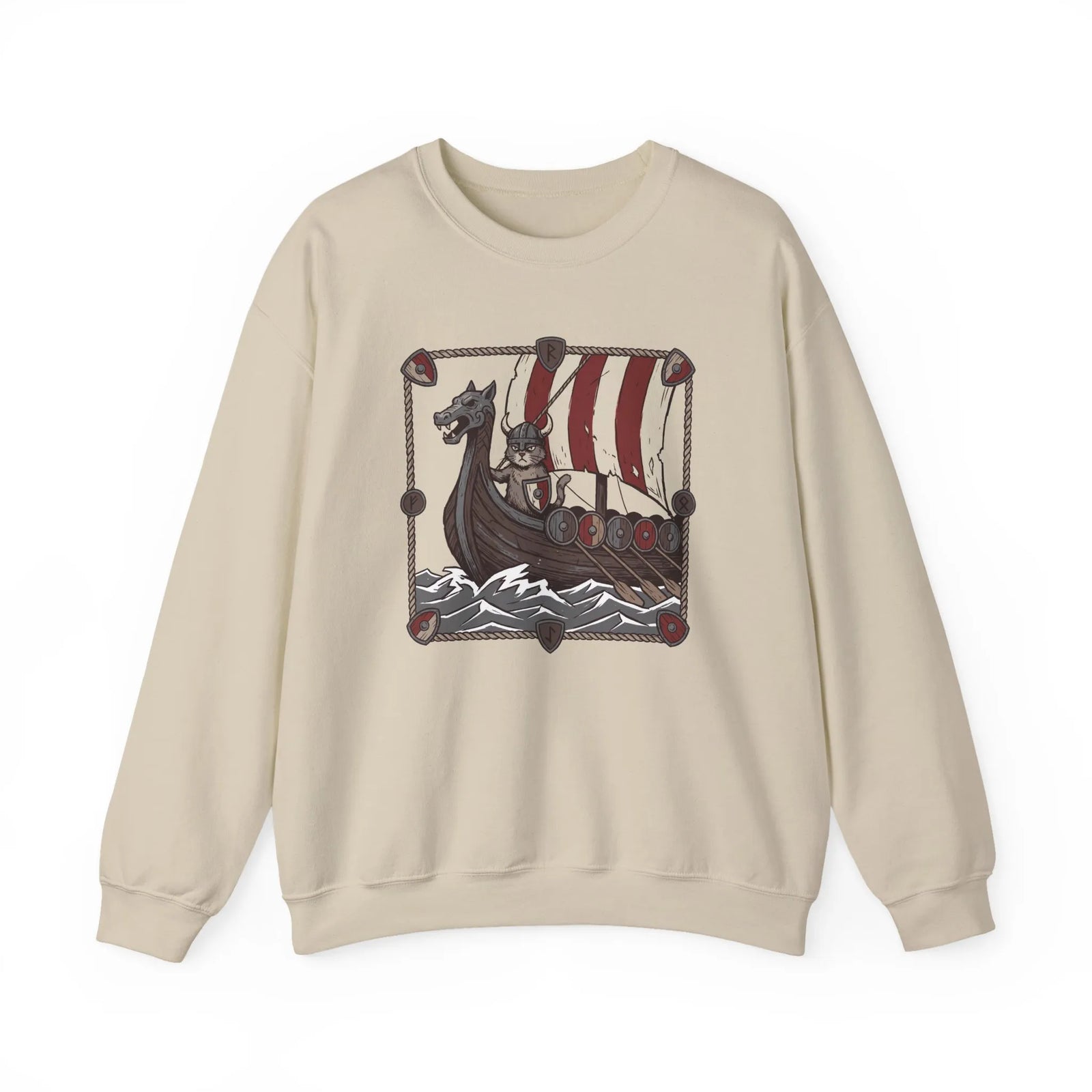 Longship Prow Viking Berserker Cats Sweatshirt - Heavyweight Cotton Blend Crewneck - Unisex White