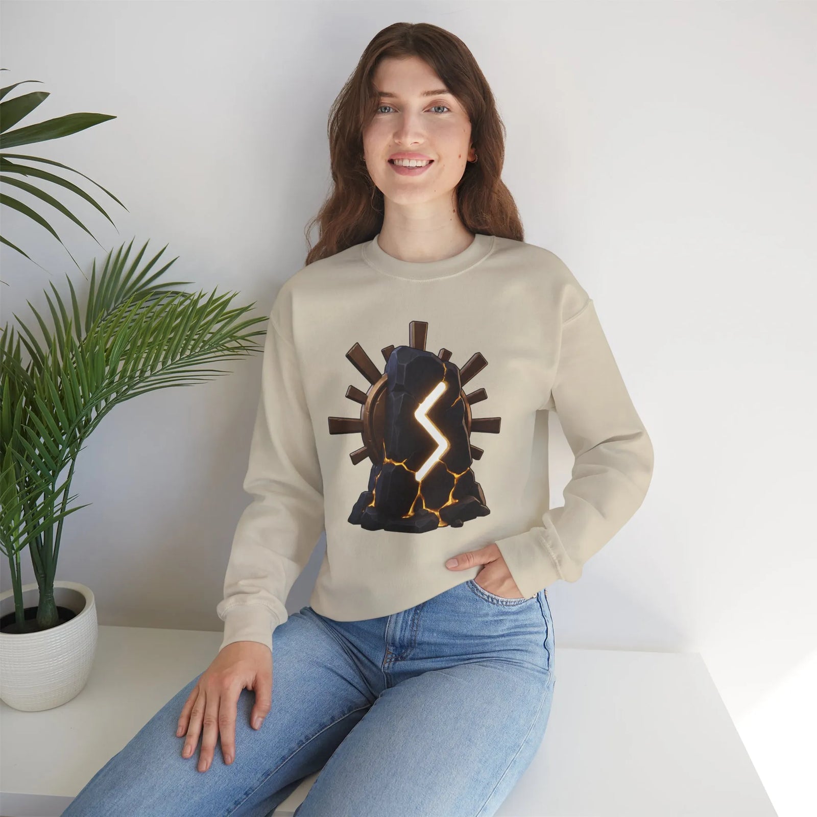 Sowulo Rune Sun Graphic Sweatshirt - Classic Fit Fleece Crewneck - Unisex White
