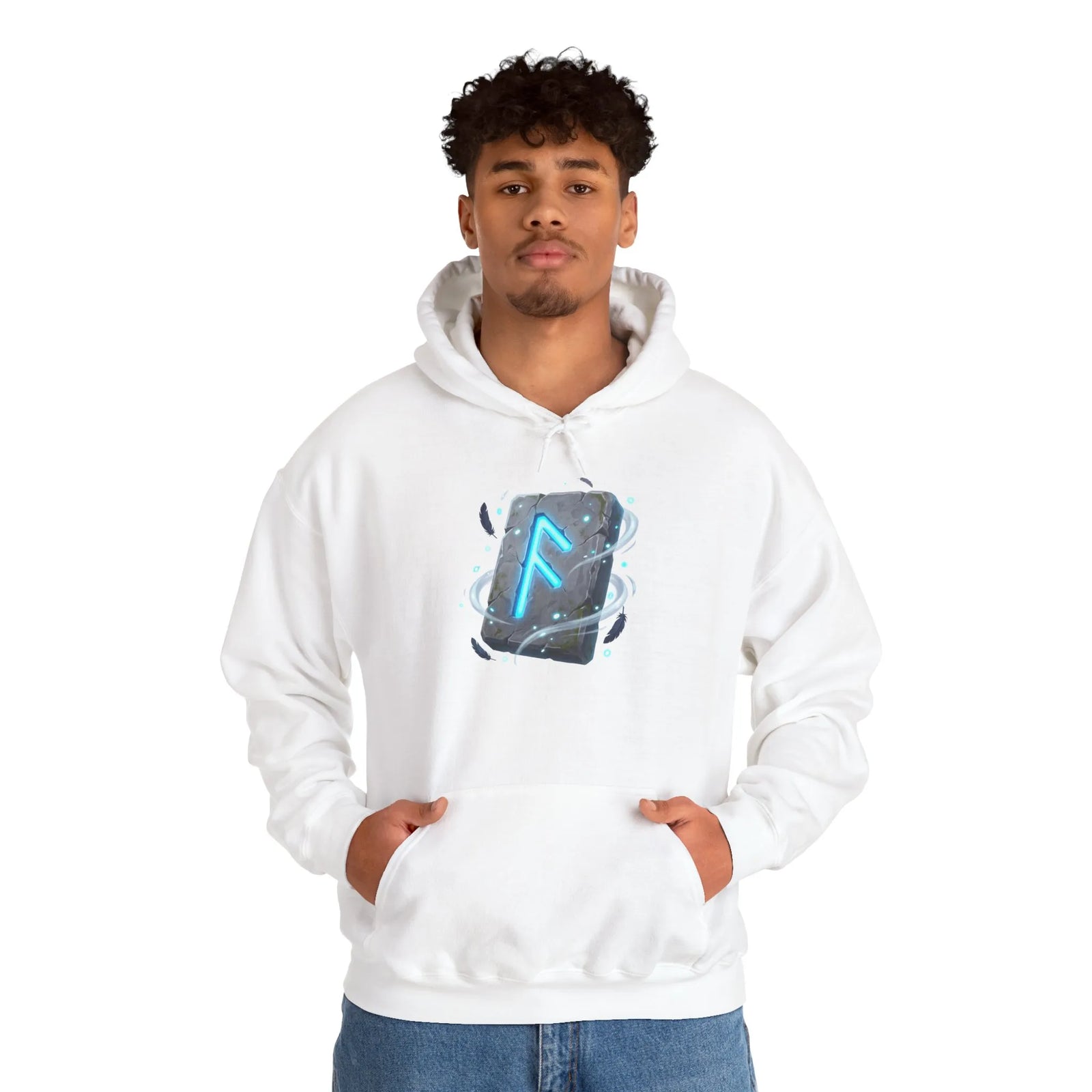 Ansuz Rune Odin's Raven Graphic Hoodie - Medium Heavy Fabric Classic Fit - Unisex White