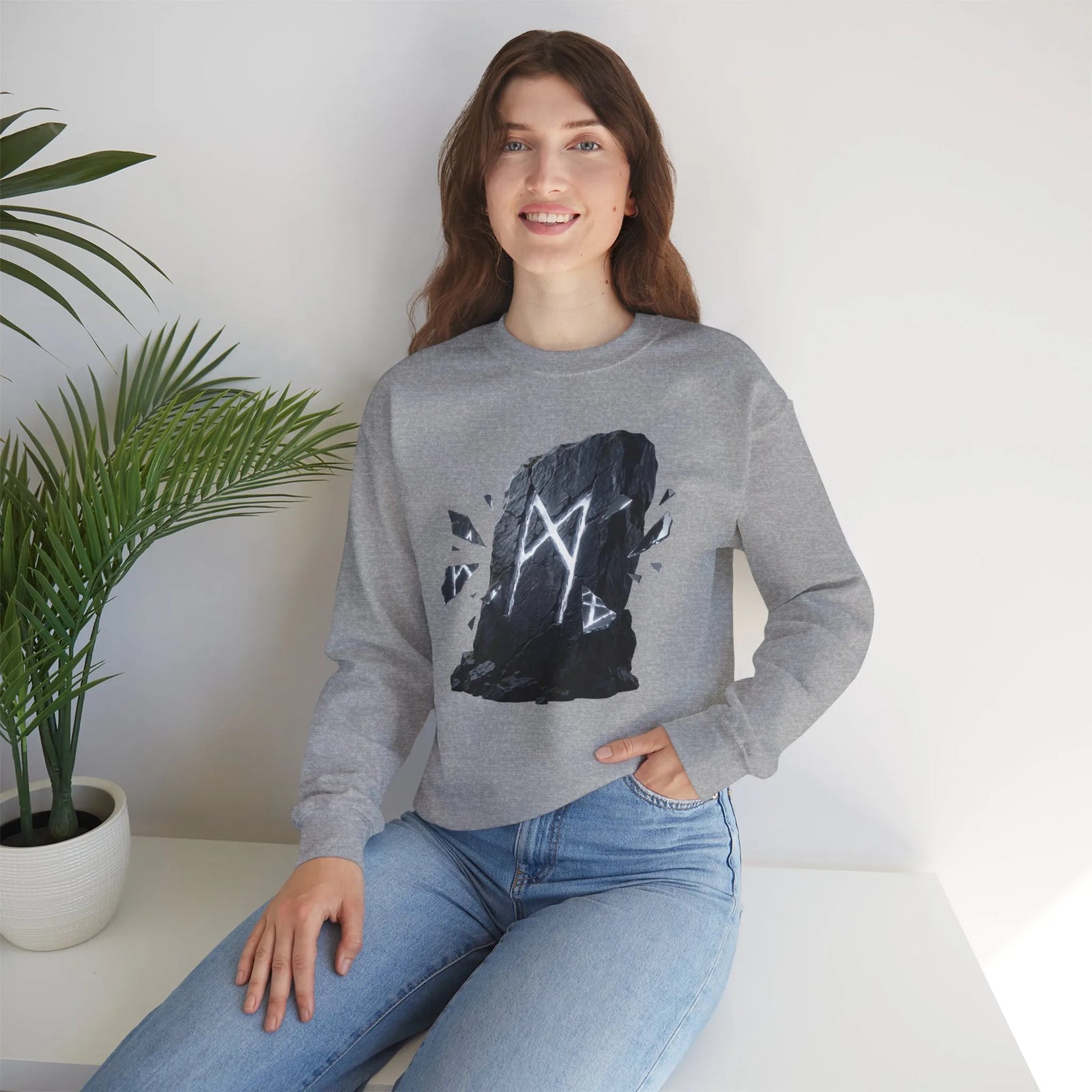 Mannaz Rune Stone Graphic Sweatshirt - Heavy Blend Crewneck Pullover - Unisex Off White