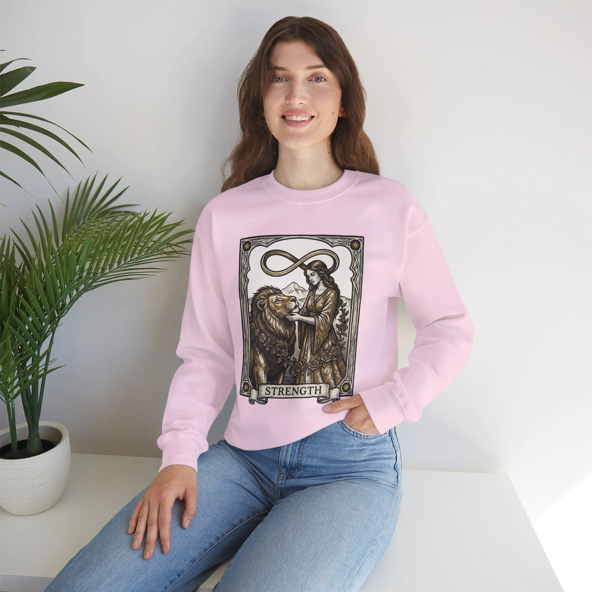 Strength Tarot Card Sweatshirt - Heavy Blend Crewneck Fleece - Unisex White