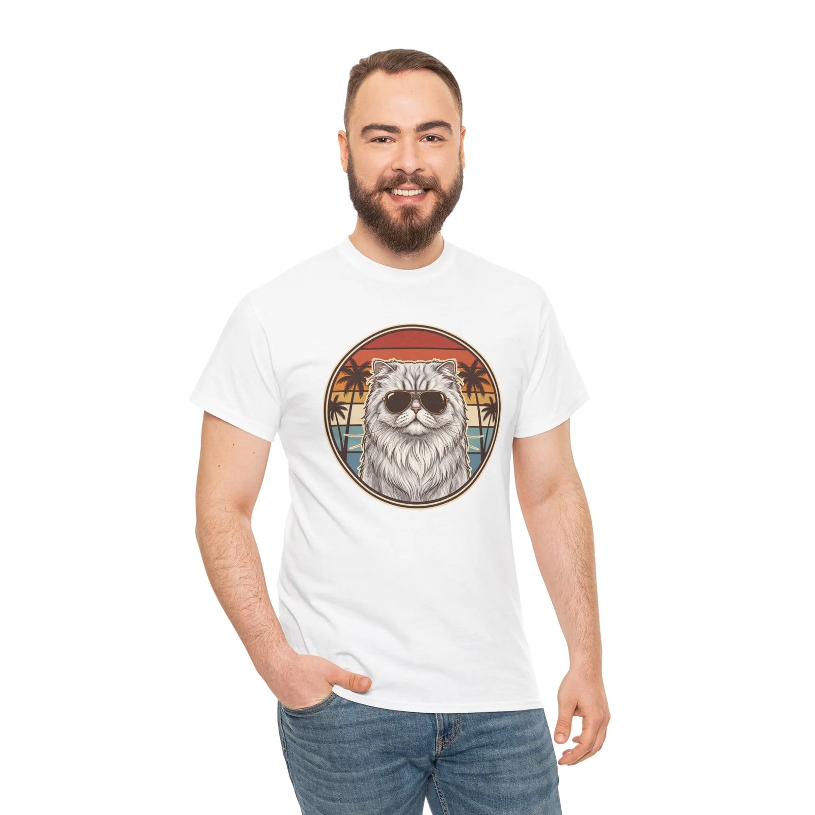 Persian Cool Cats 70s Sunset Aviators T-Shirt - Heavy Cotton Classic Fit Tee - Unisex White