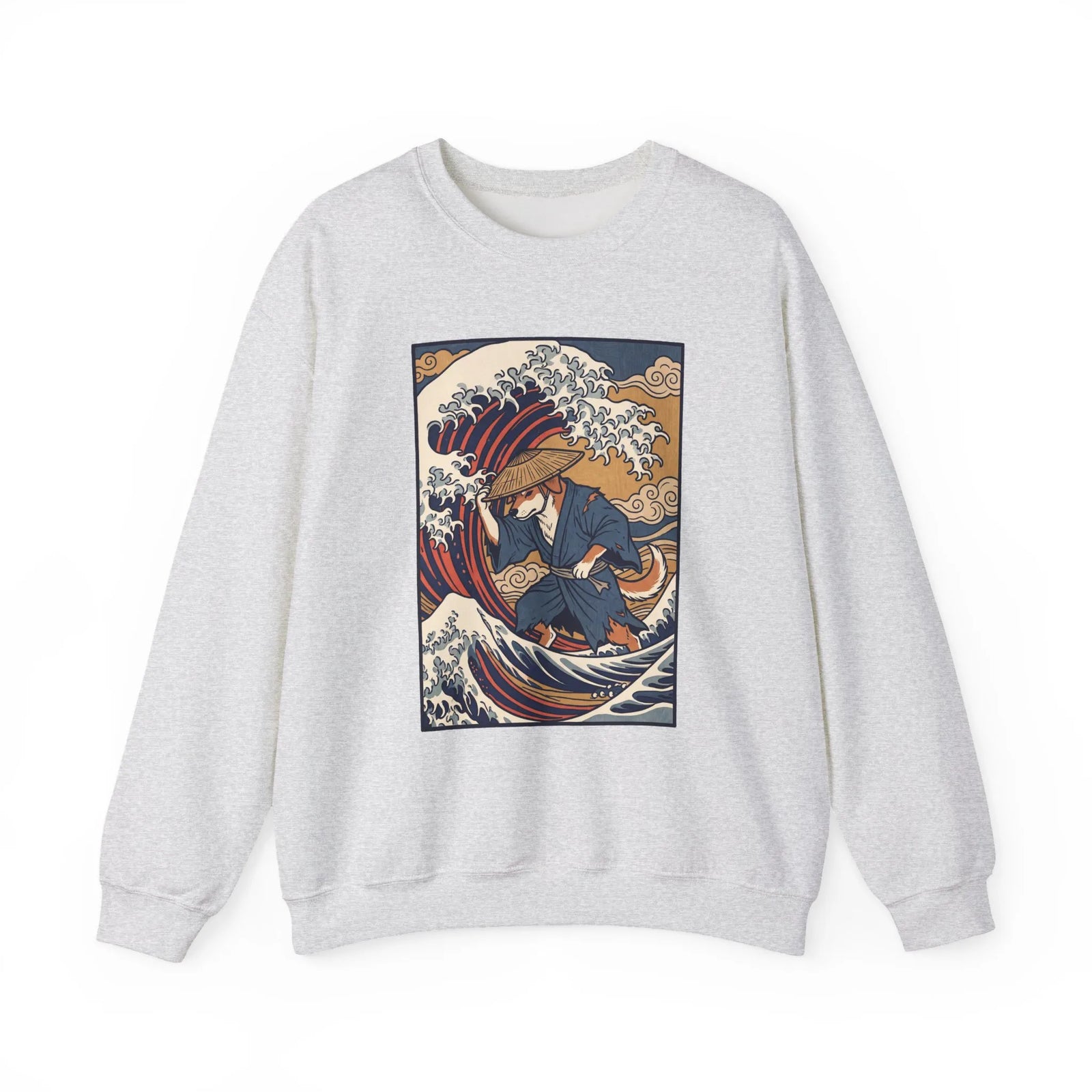 Ronin Wave Ukiyo-e Samurai Dog Sweatshirt - Heavyweight Cotton Blend Crewneck - Unisex White