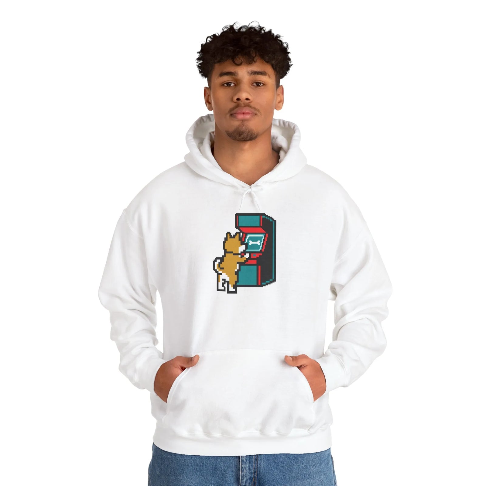 8-Bit Pixel Gaming Dogs Hoodie - Soft Cotton Blend Pullover Fleece - Unisex White