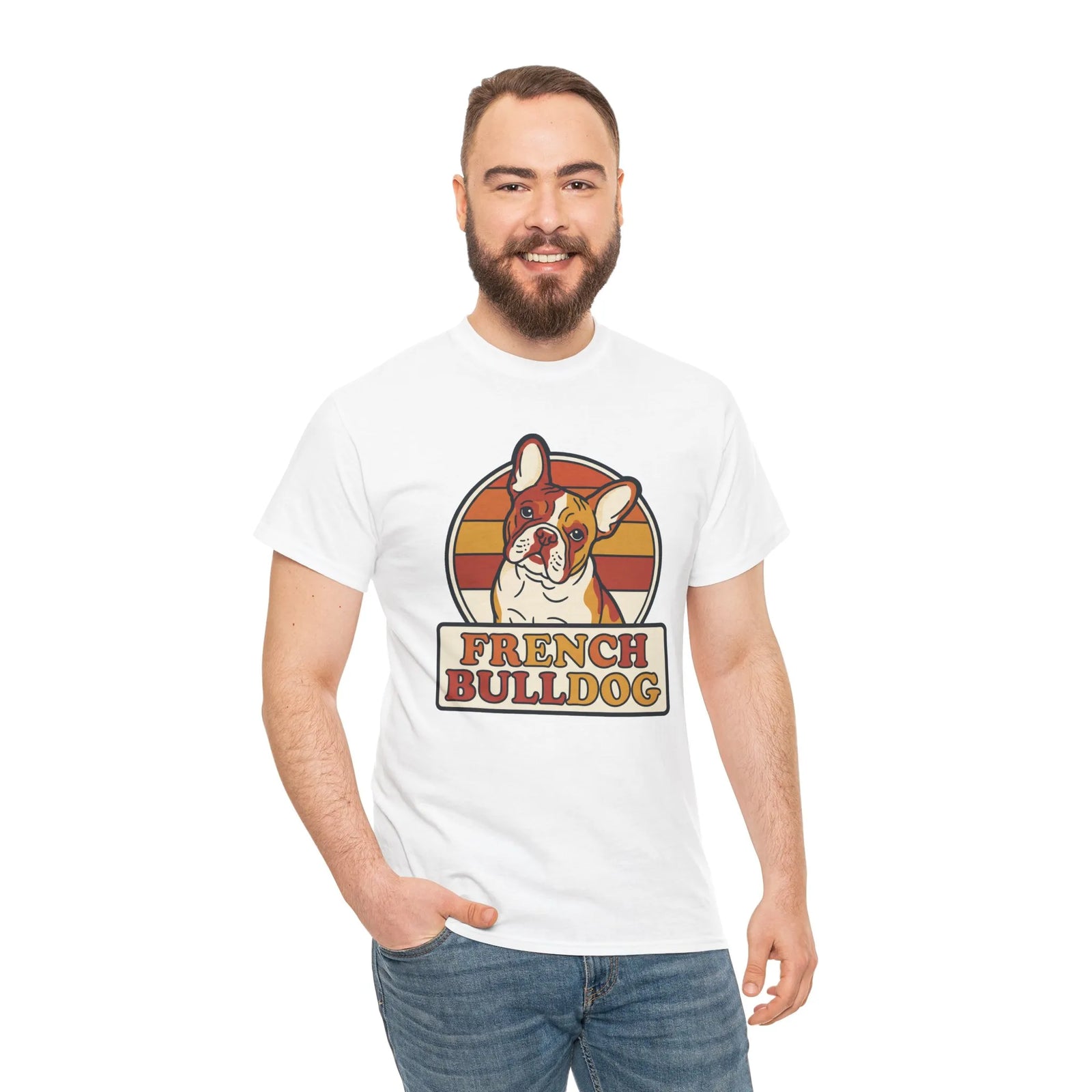 French Bulldog Retro 70s Sunset T-Shirt - Heavy Cotton Classic Fit Tee - Unisex White