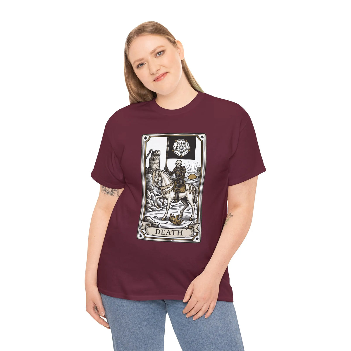 Death Tarot Card Knight Graphic T-Shirt - Heavyweight 100% Cotton Classic Fit Tee - Unisex White