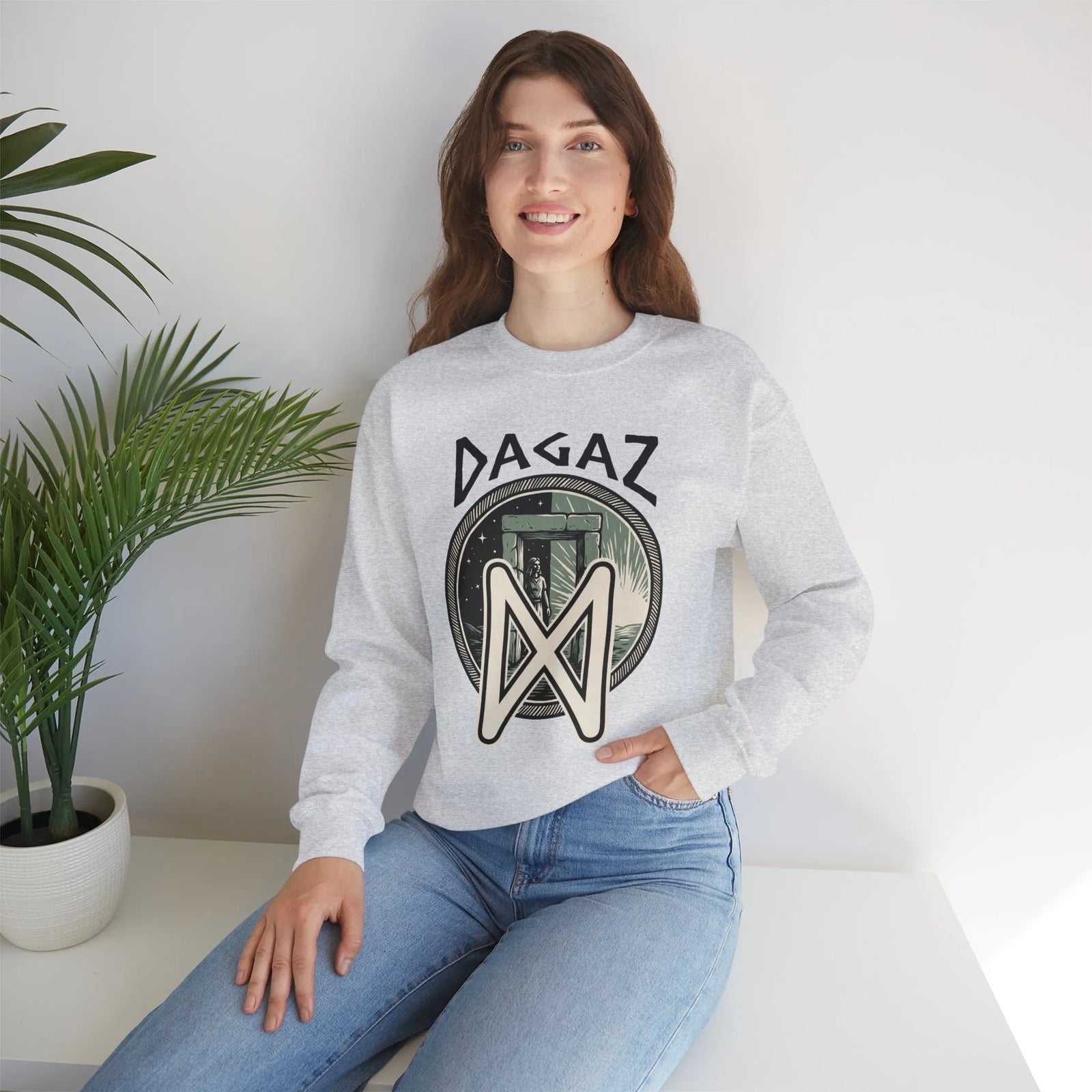Dagaz Rune Dawn Dusk Graphic Sweatshirt - Heavyweight Cotton Poly Blend Crewneck - Unisex White