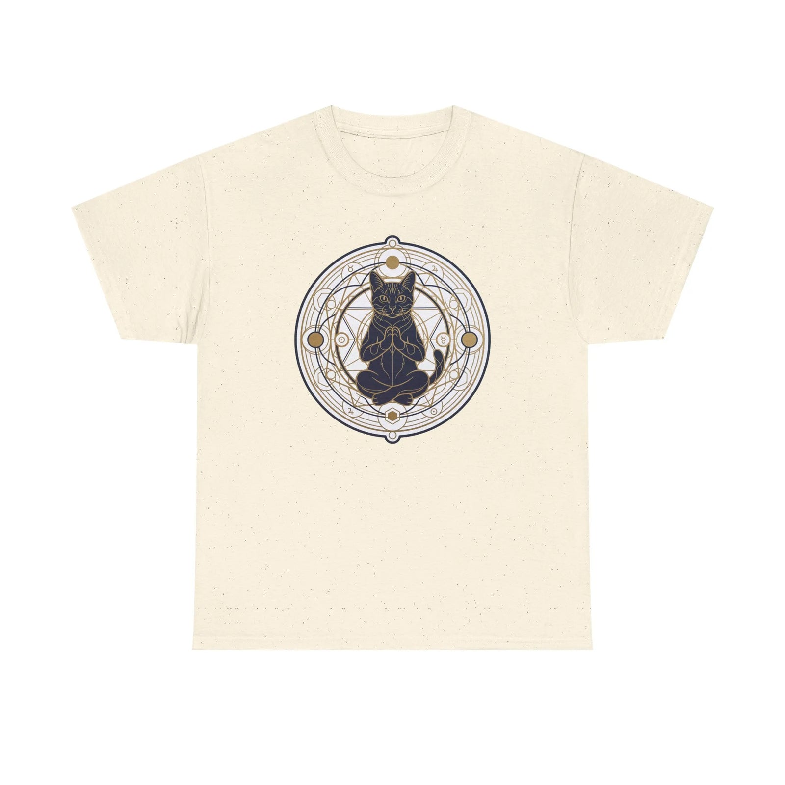 Meditating Cat Sacred Geometry Alchemist T-Shirt - Heavy Cotton Classic Fit Tee - Unisex White
