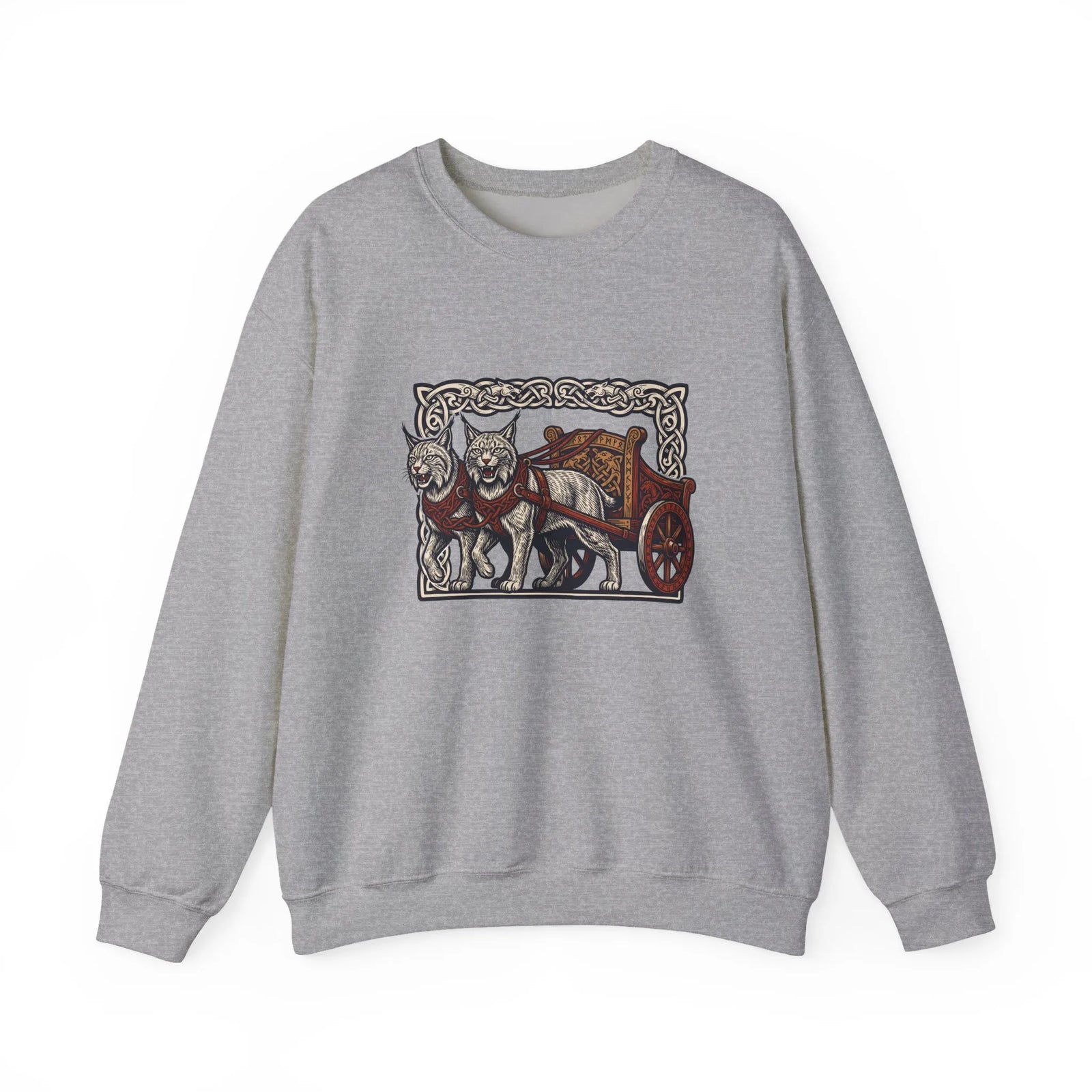 Freyja's Sacred Cats Norse Woodcut Sweatshirt - Heavy Blend Crewneck Fleece - Unisex White