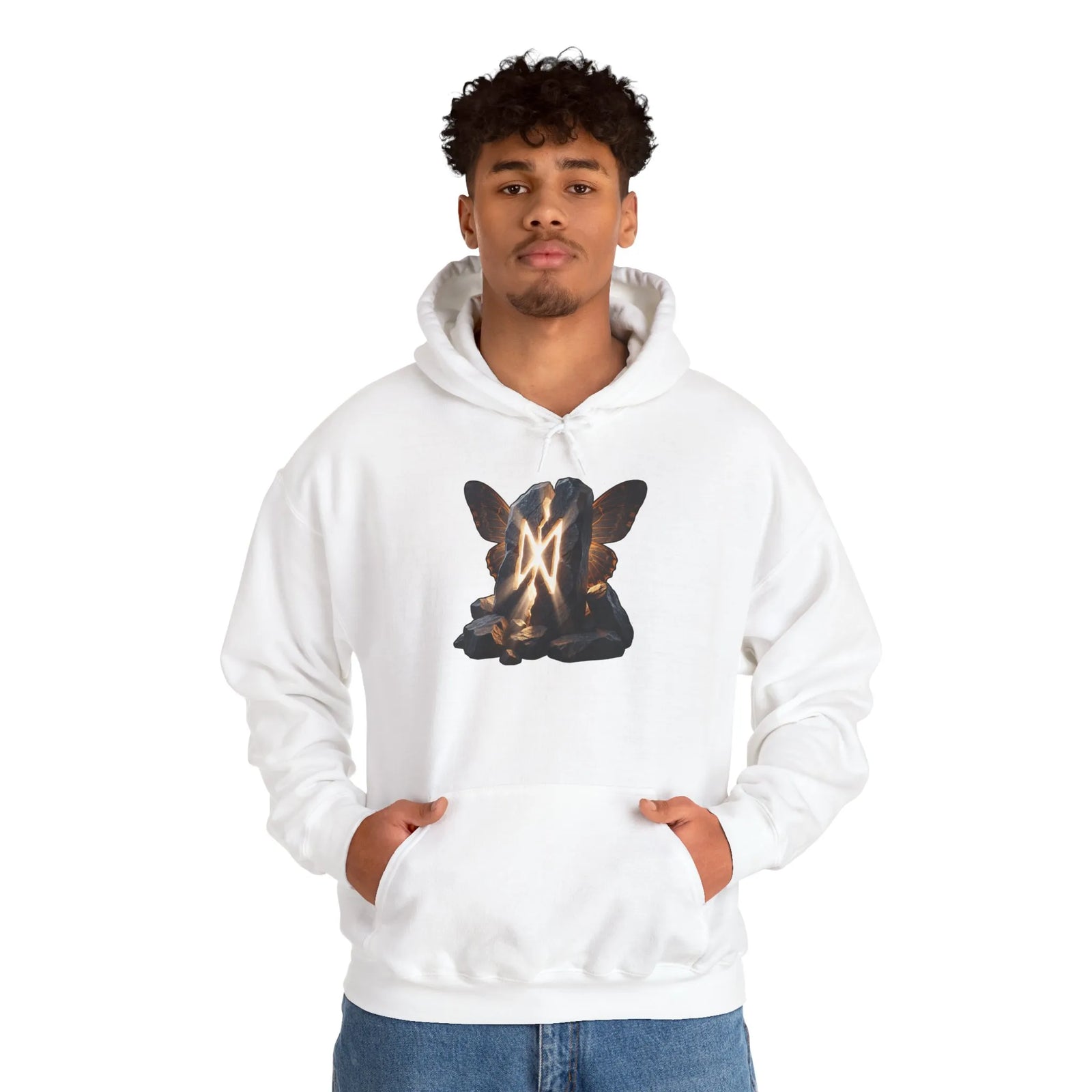 Dagaz Rune Butterfly Graphic Hoodie - Heavy Blend Fleece Pullover - Unisex White