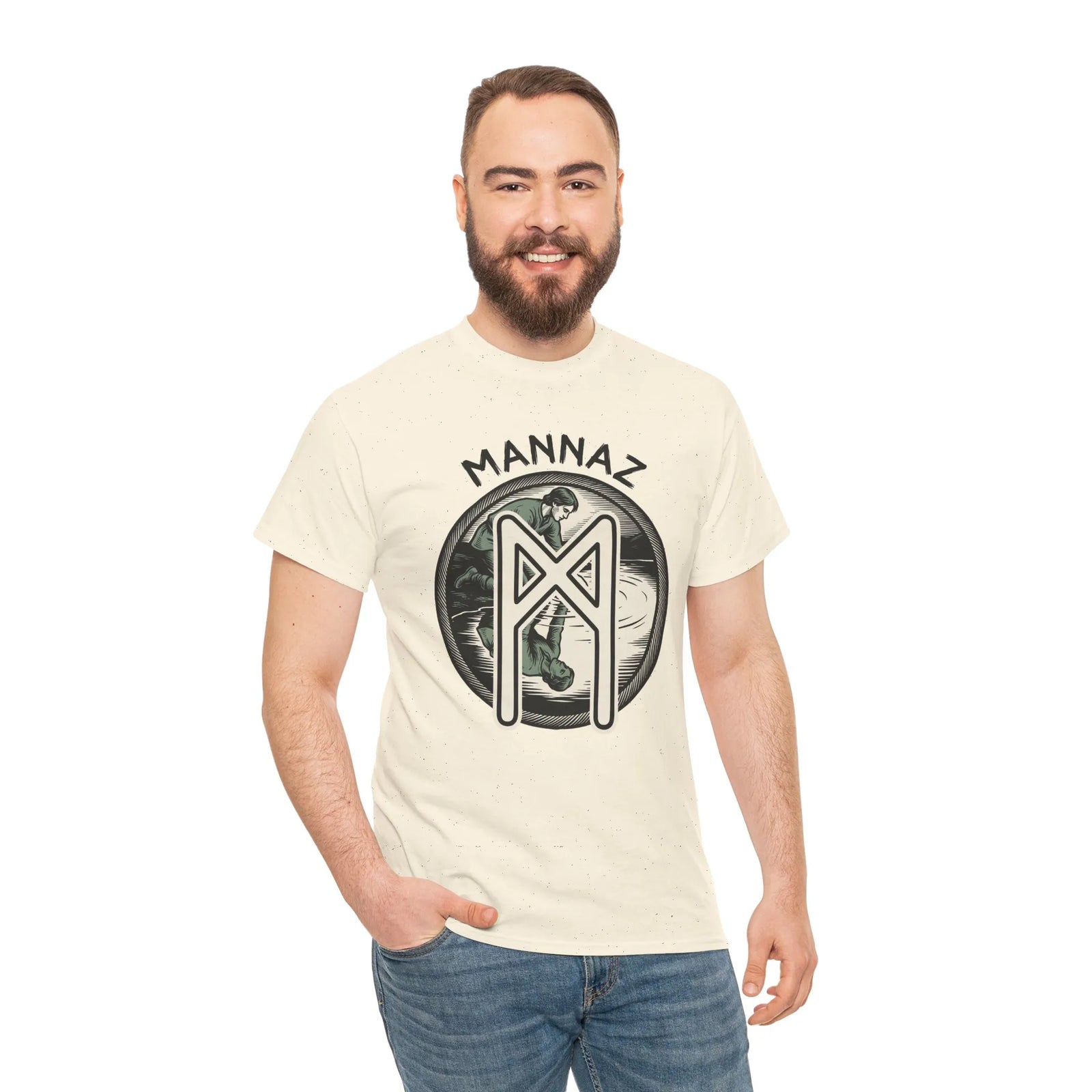 Mannaz Rune Reflection Graphic T-Shirt - Heavy Cotton Classic Fit Tee - Unisex White