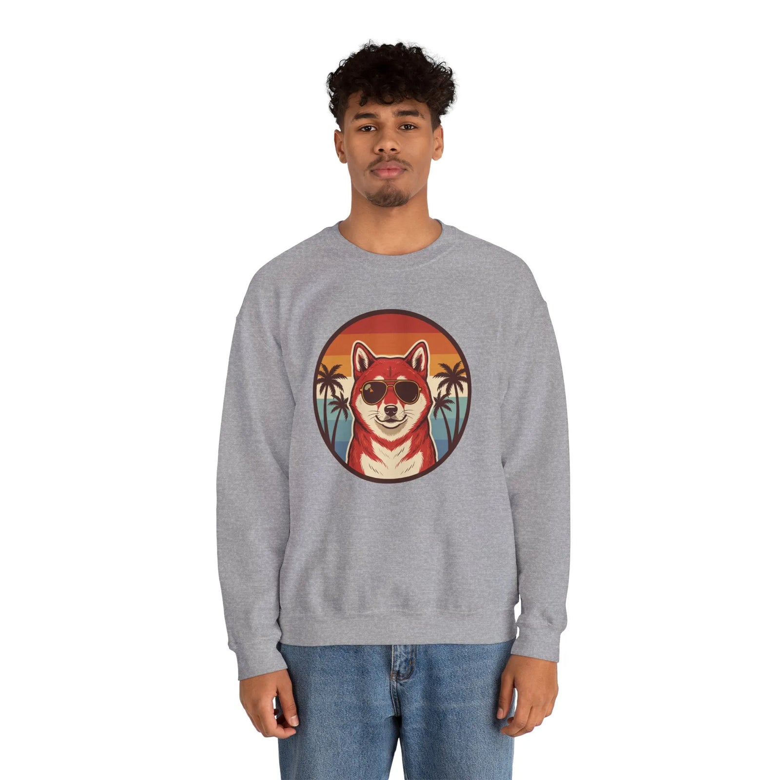 Shiba Inu Cool Dog 70s Sunset Sweatshirt - Heavy Blend Fleece Crewneck - Unisex White