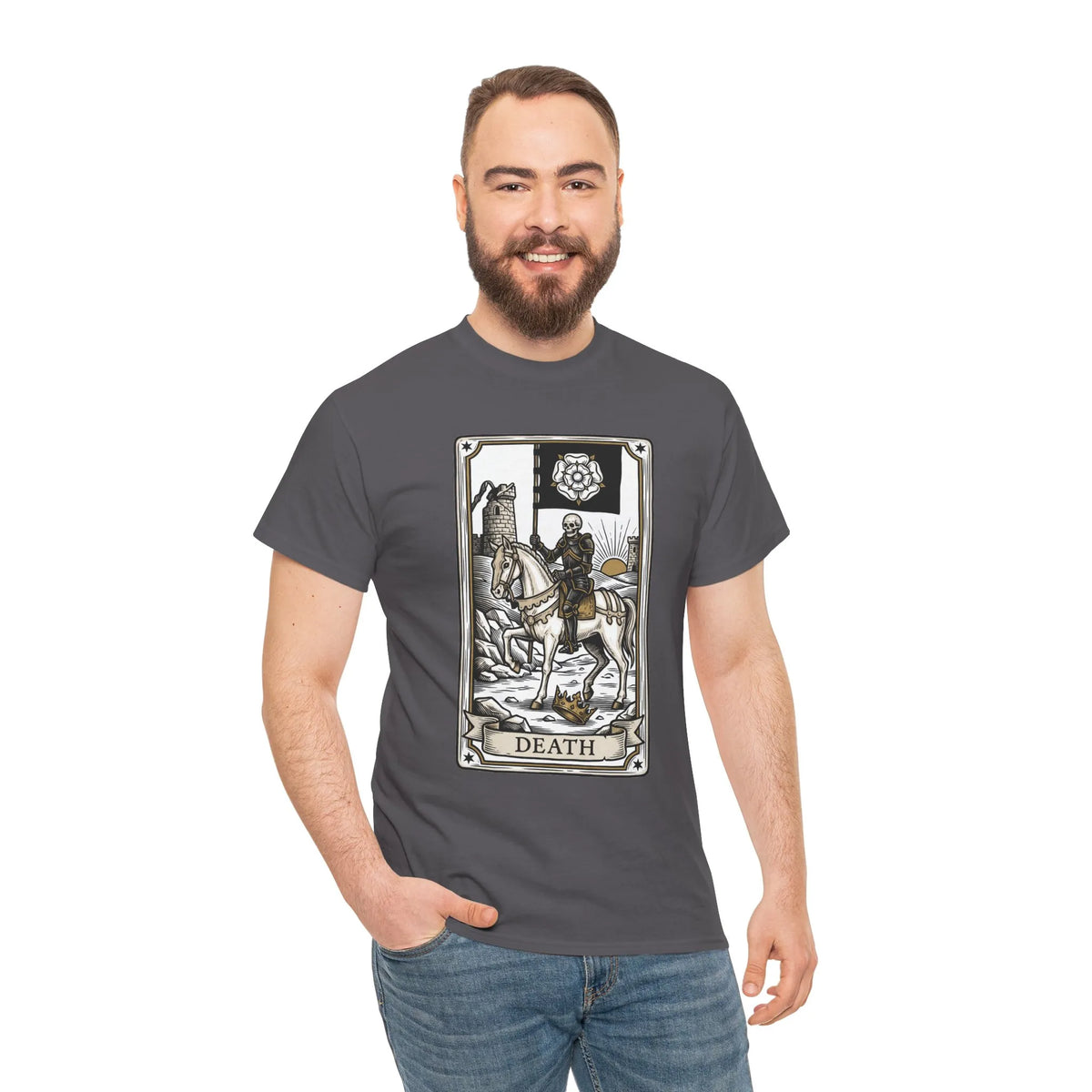 Death Tarot Card Knight Graphic T-Shirt - Heavyweight 100% Cotton Classic Fit Tee - Unisex White