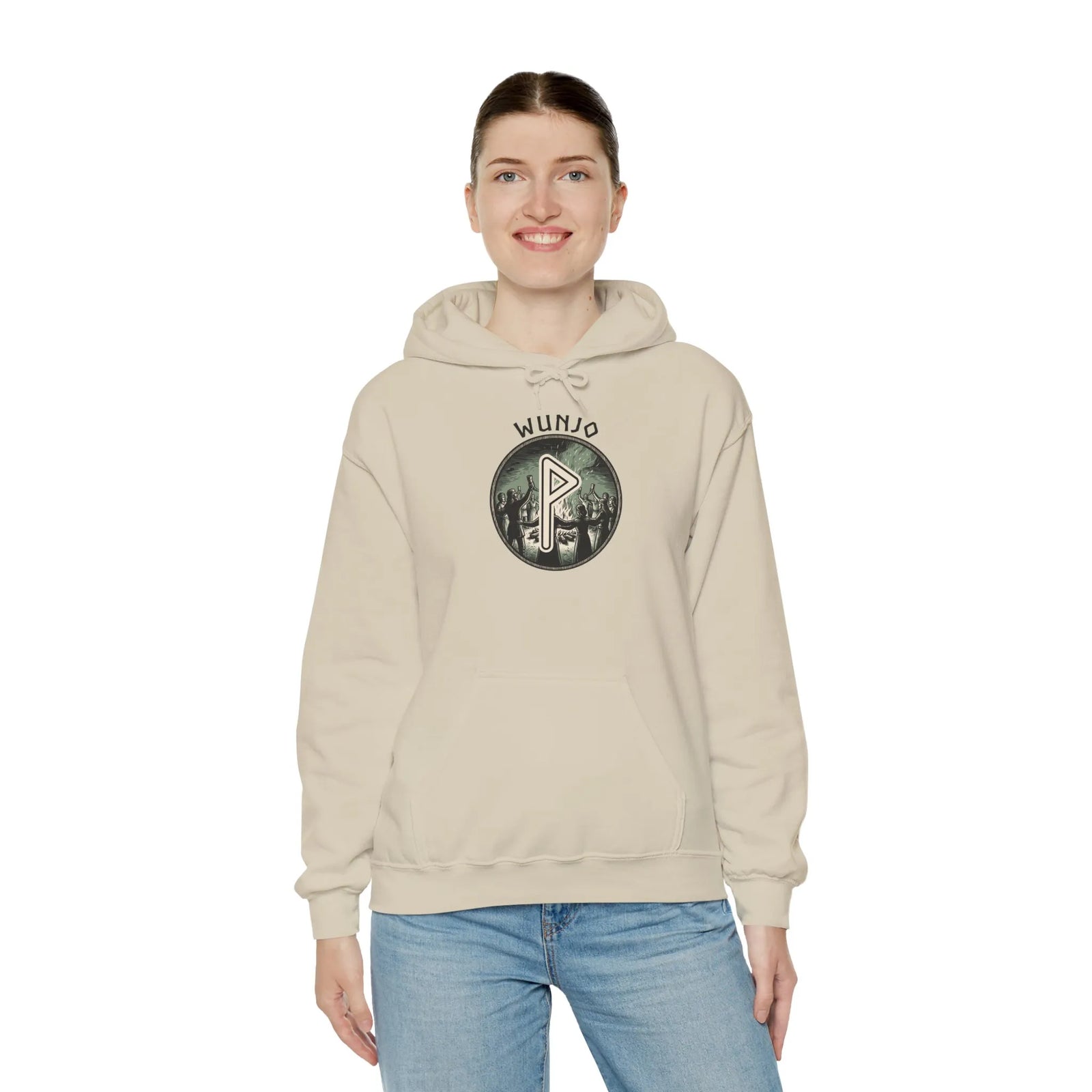 Wunjo Rune Norse Joy Circle Hoodie - Heavy Blend Fleece Pullover - Unisex White