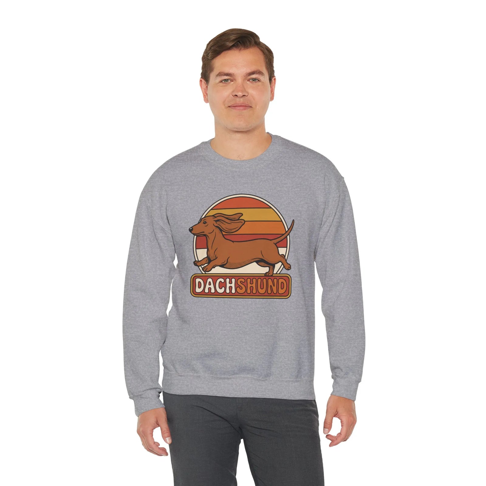 Retro 70s Sunset Dachshund Sweatshirt - Heavy Blend Cotton Blend Crewneck - Unisex White