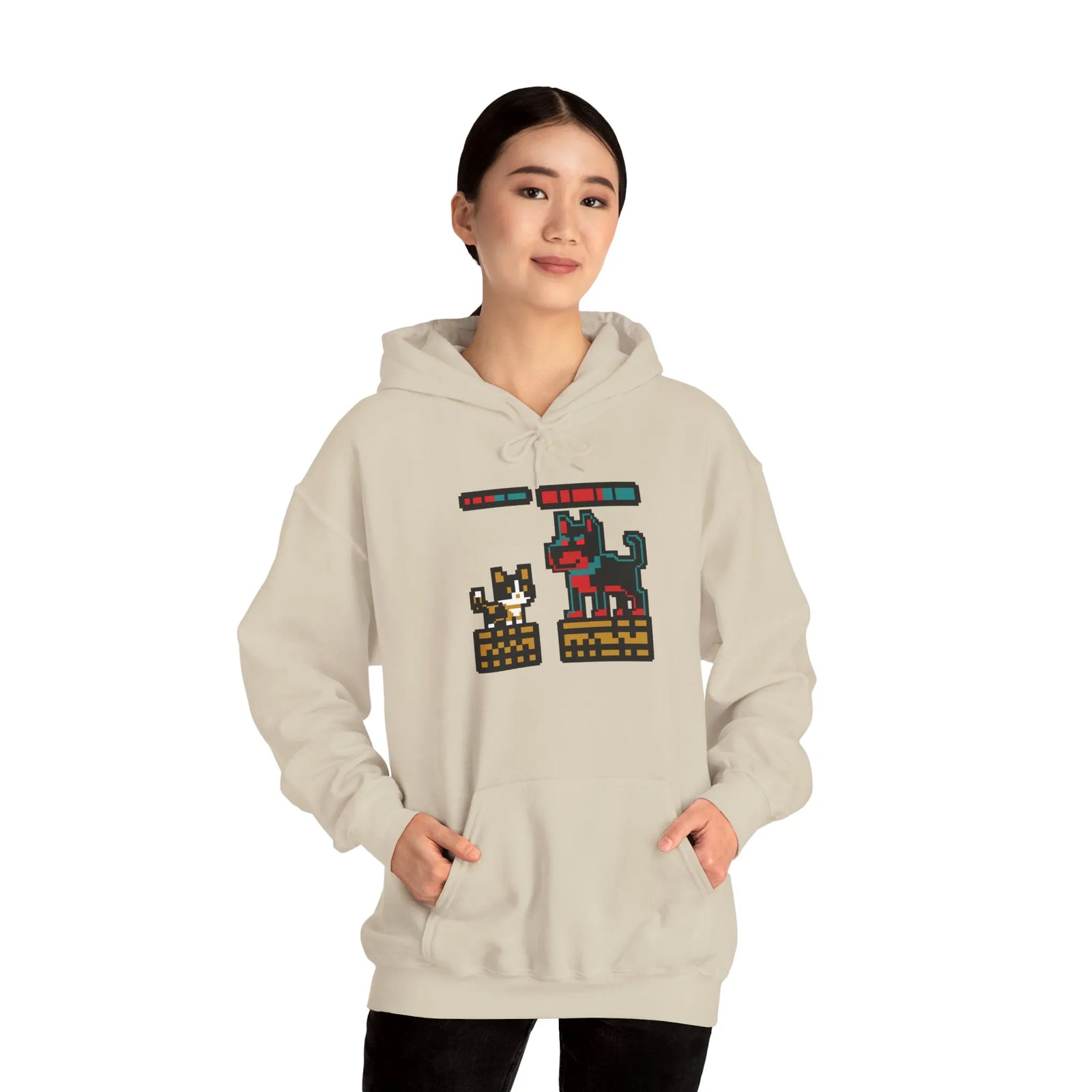 Boss Fight 8-Bit Pixel Gaming Cats Hoodie - Heavy Blend Fleece Pullover - Unisex White