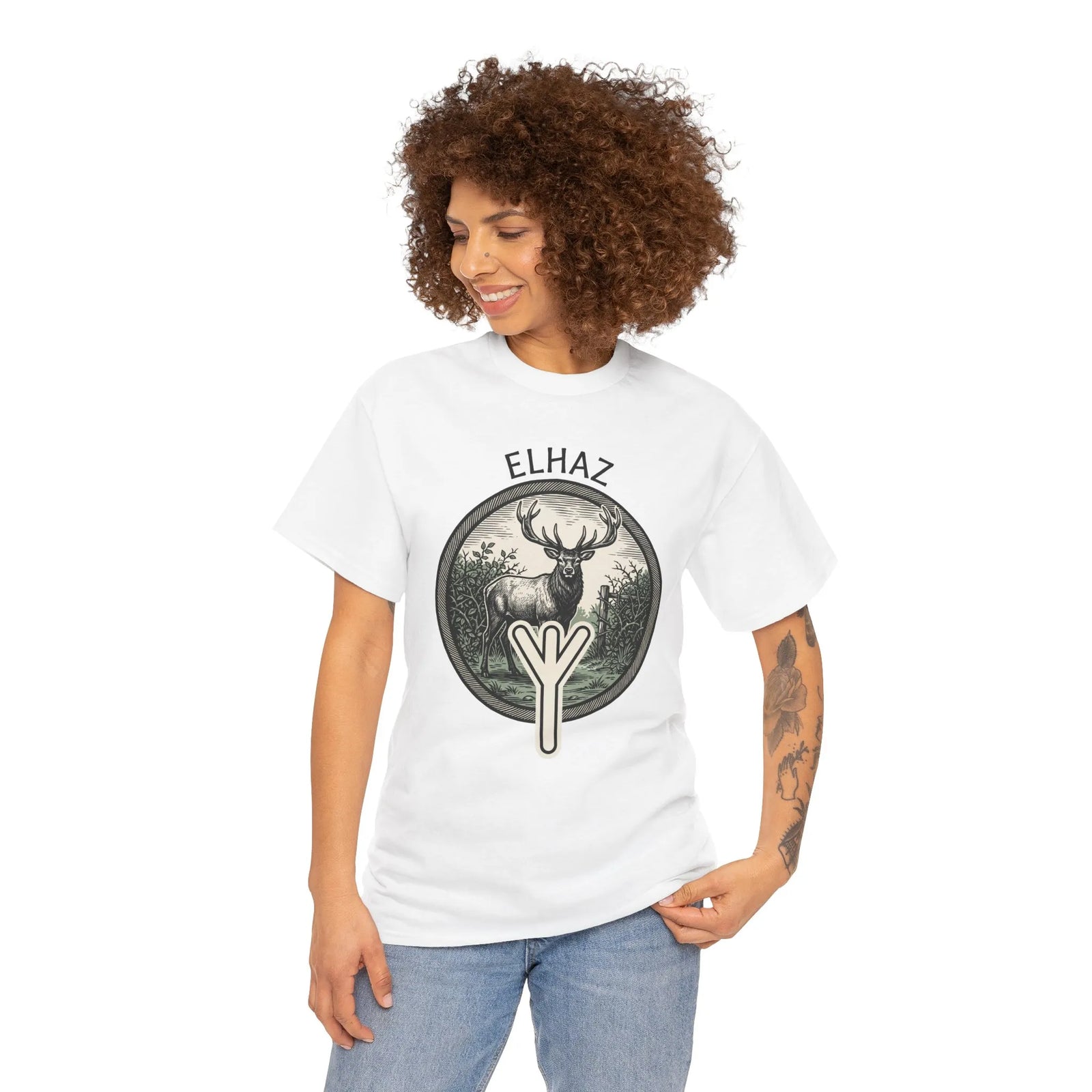 Elhaz Protection Rune Elk Graphic T-Shirt - Heavy Cotton Classic Fit Tee - Unisex White