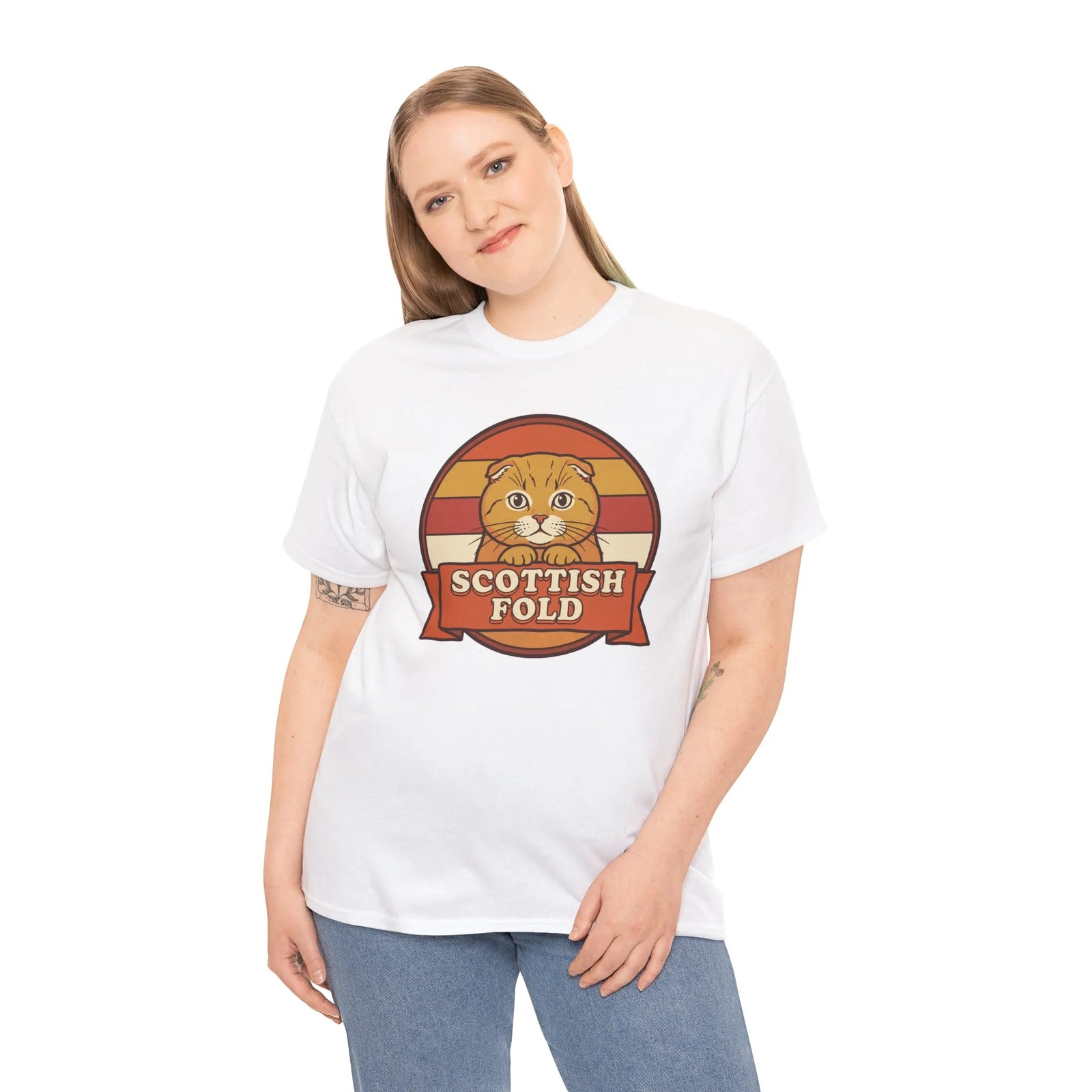 Scottish Fold Retro Sunset T-Shirt - Heavyweight Cotton Classic Fit - Unisex White
