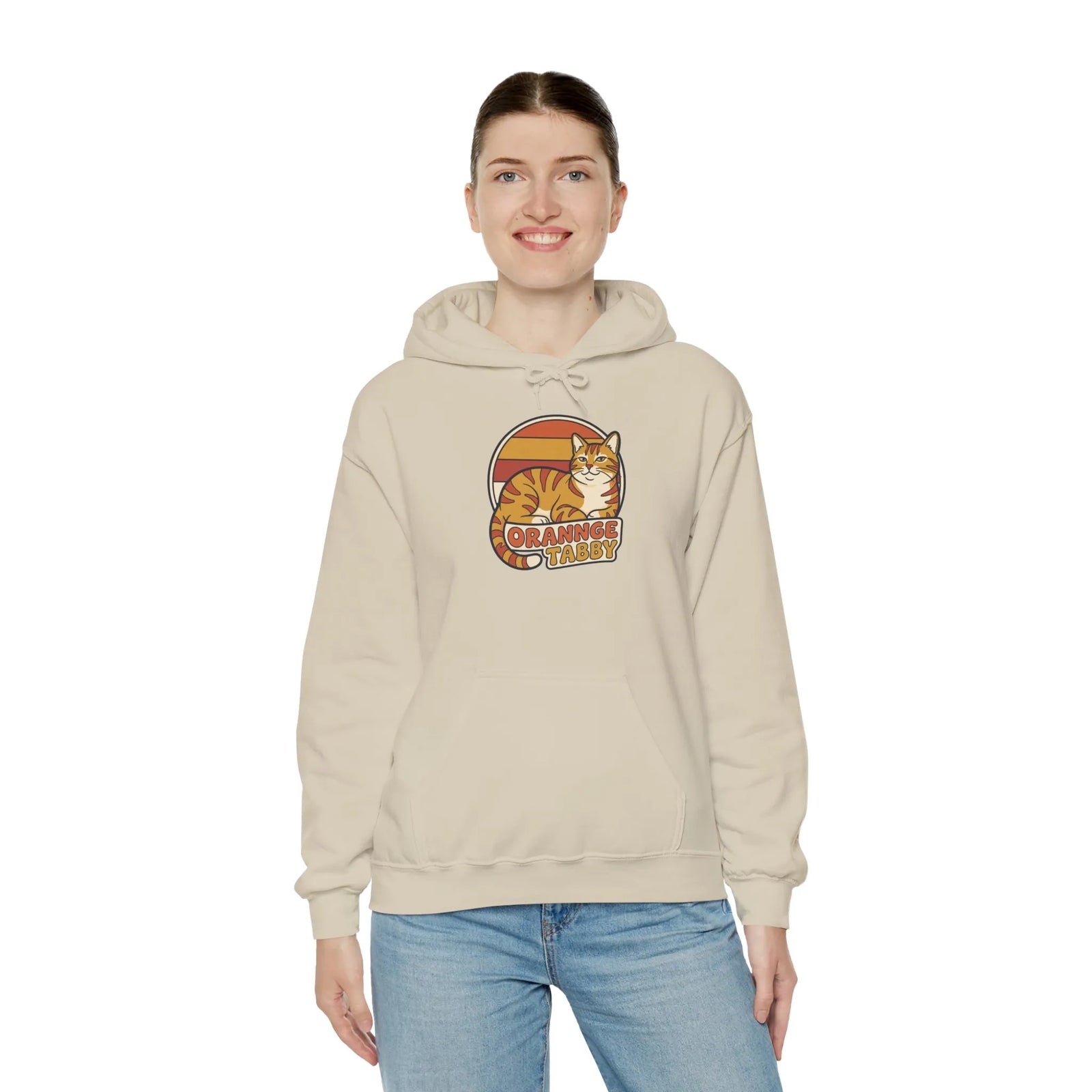 Orange Tabby Retro 70s Sunset Hoodie - Cozy Cotton Blend Pullover - Unisex White
