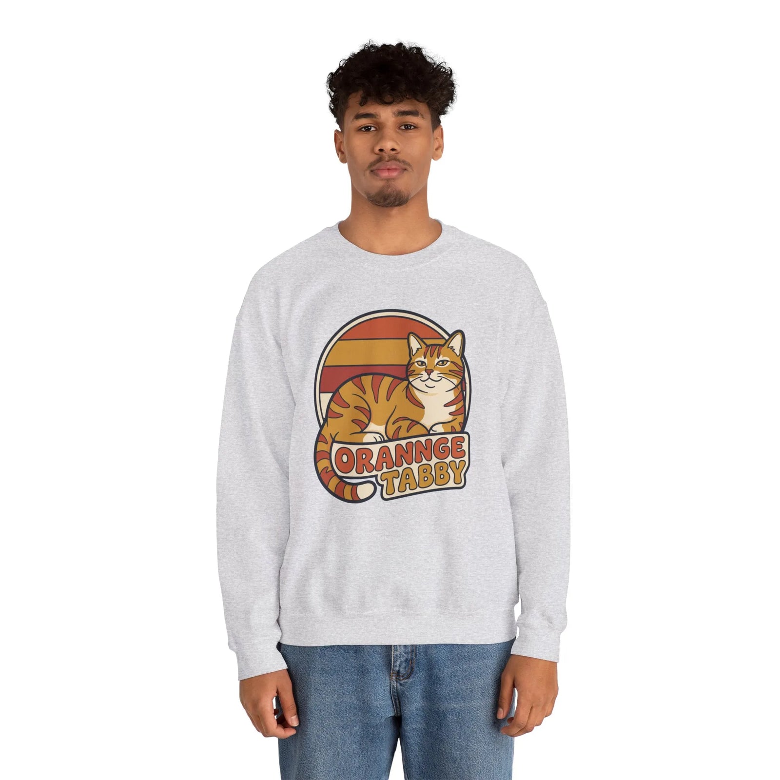 Orange Tabby Retro Sunset Graphic Sweatshirt - Heavy Blend Crewneck Fleece - Unisex White