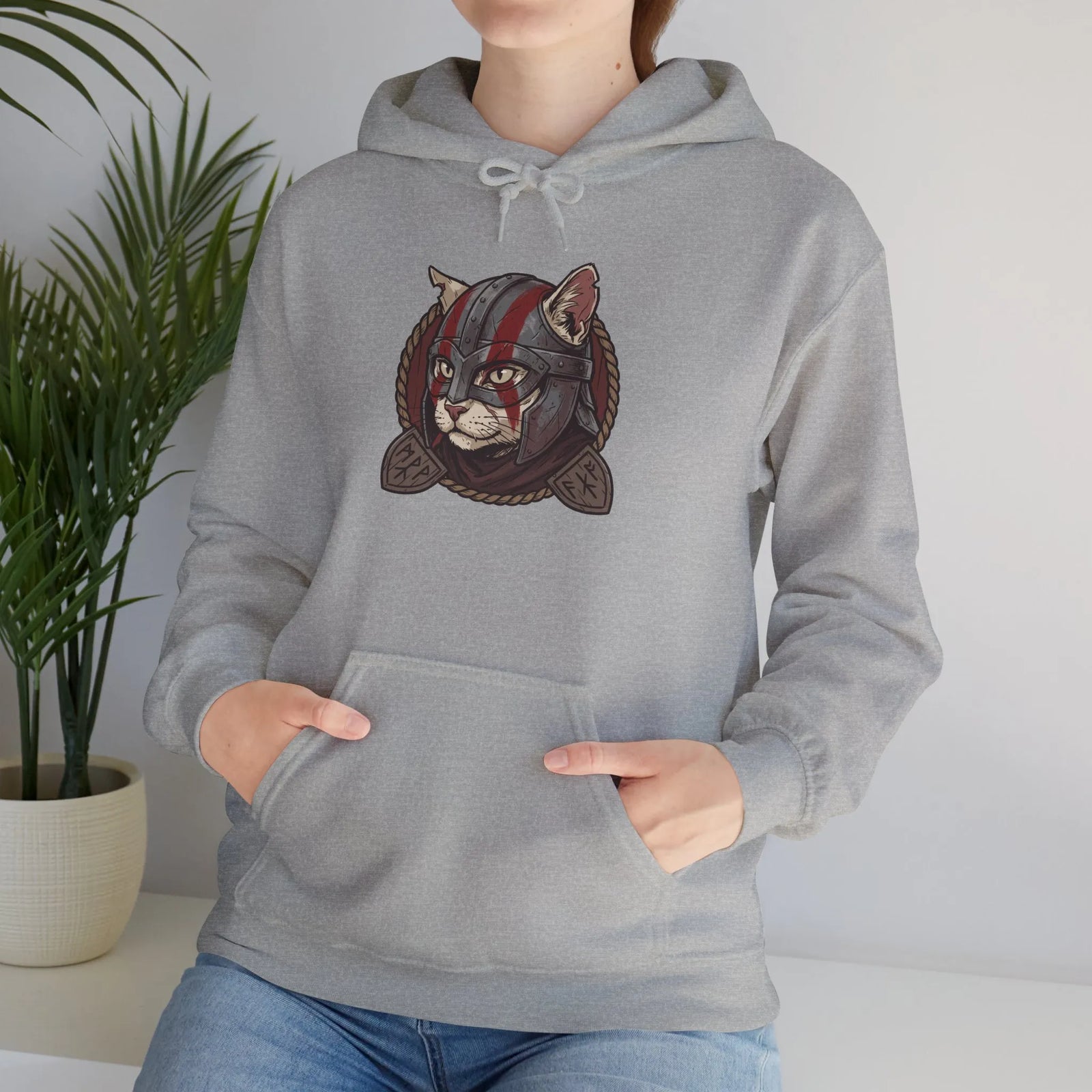 Viking Berserker Cat Warpaint Hoodie - Soft Cotton-Poly Fleece Pullover - Unisex Ash