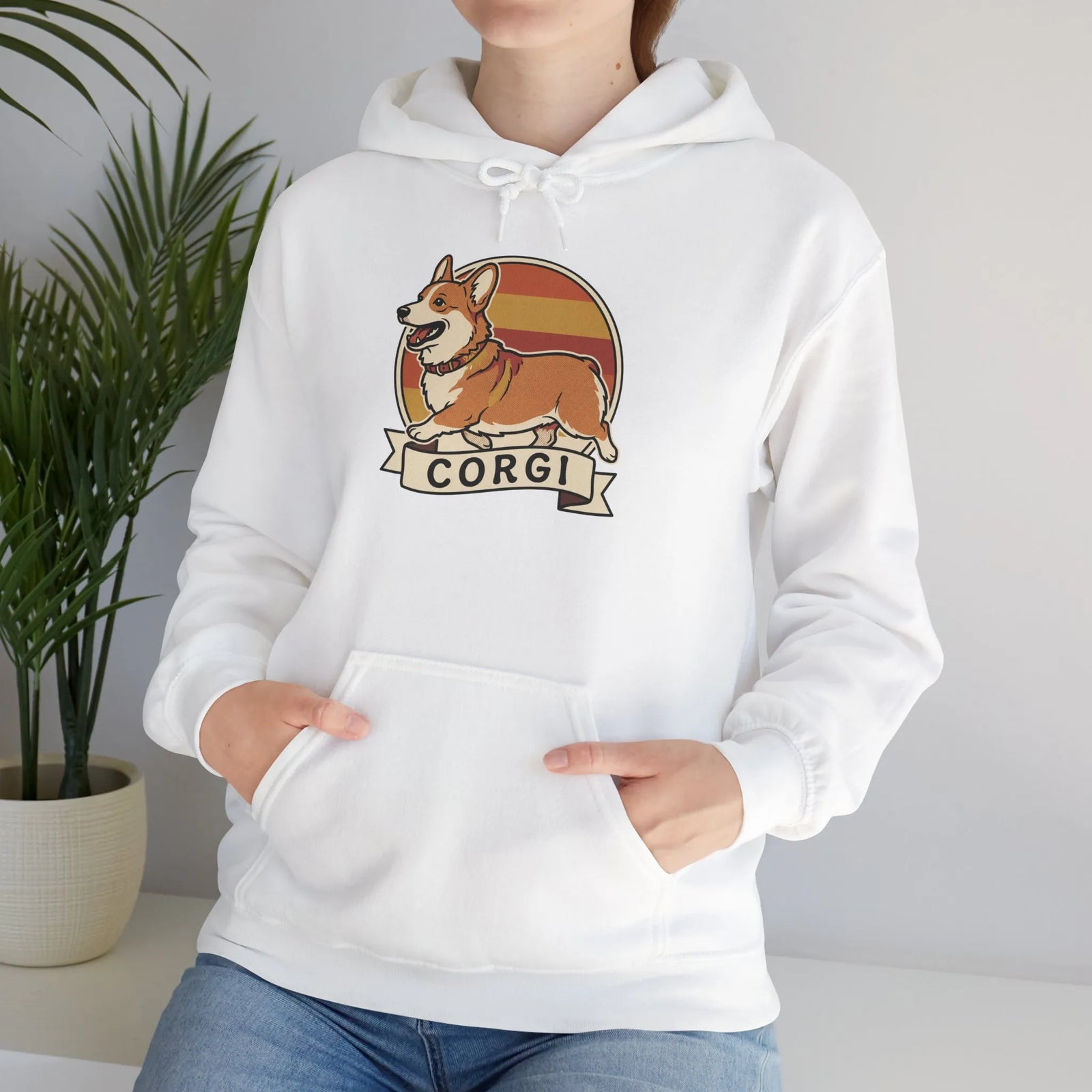 Corgi Retro 70s Sunset Graphic Hoodie - Soft Cotton-Poly Blend Pullover - Unisex White