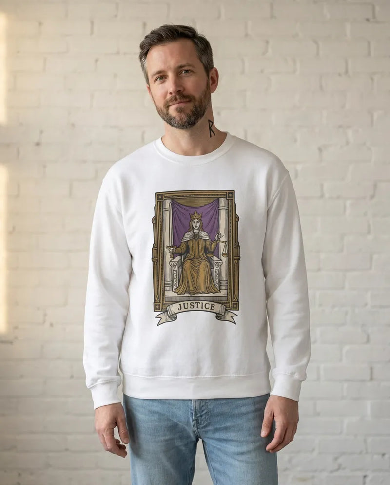 Justice Tarot Card Sweatshirt - Heavy Blend Cotton Poly Crewneck - Unisex White