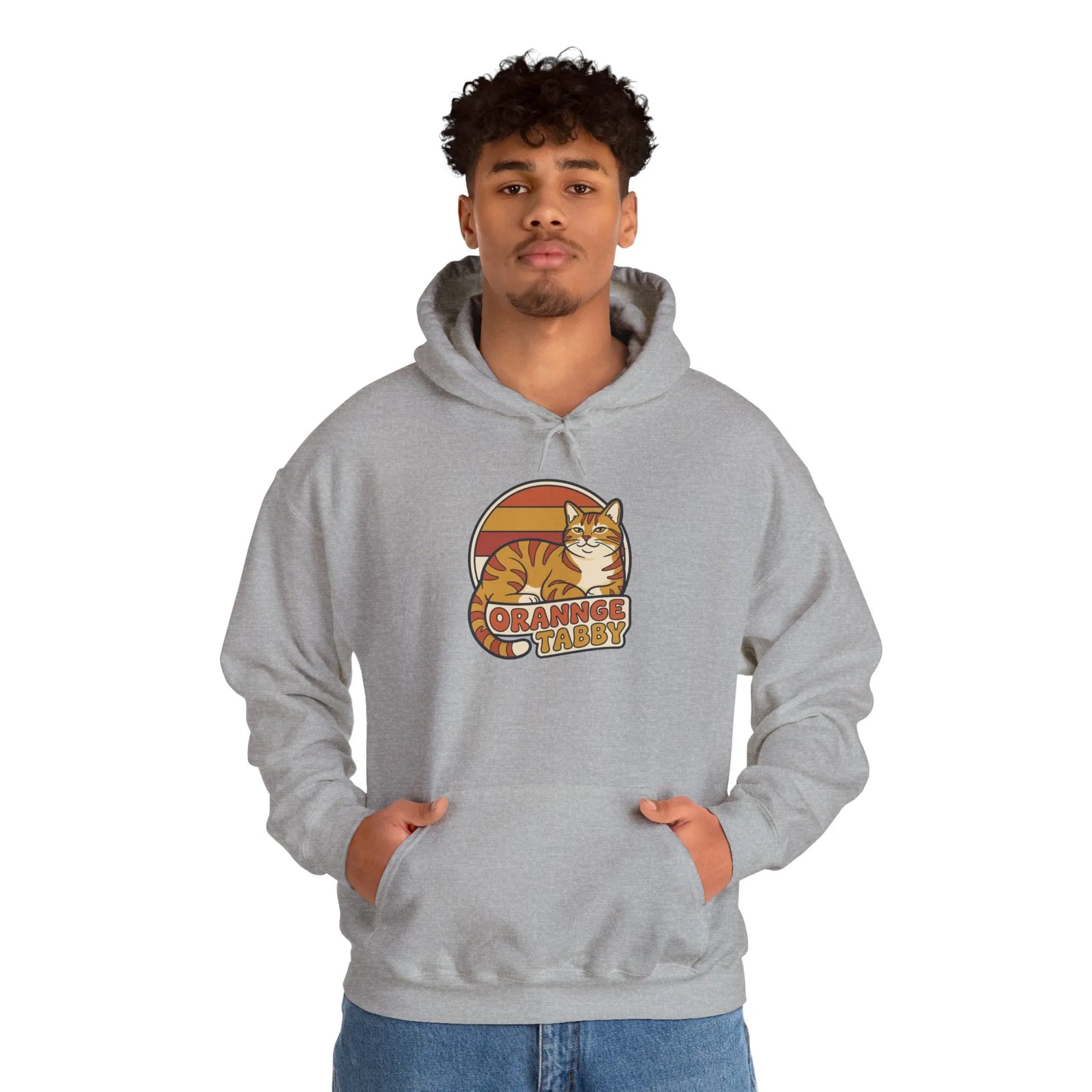 Orange Tabby Retro 70s Sunset Hoodie - Cozy Cotton Blend Pullover - Unisex White