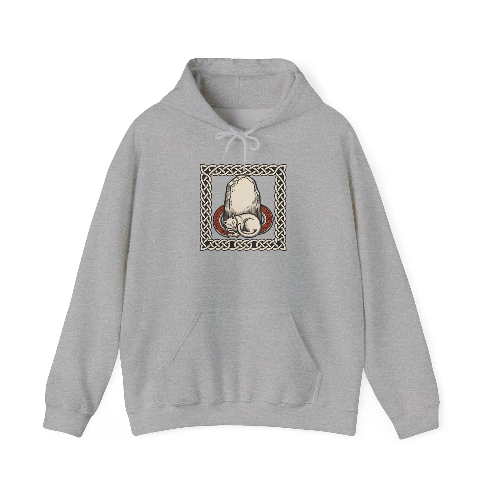 Runestone Cat Norse Woodcut Hoodie - Soft Cotton Blend Fleece Pullover - Unisex White