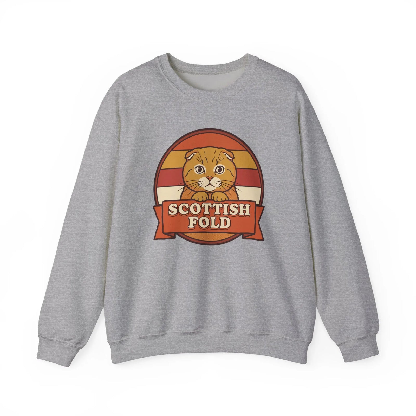 Scottish Fold Retro Sunset Sweatshirt - Heavyweight Cotton Blend Crewneck - Unisex White