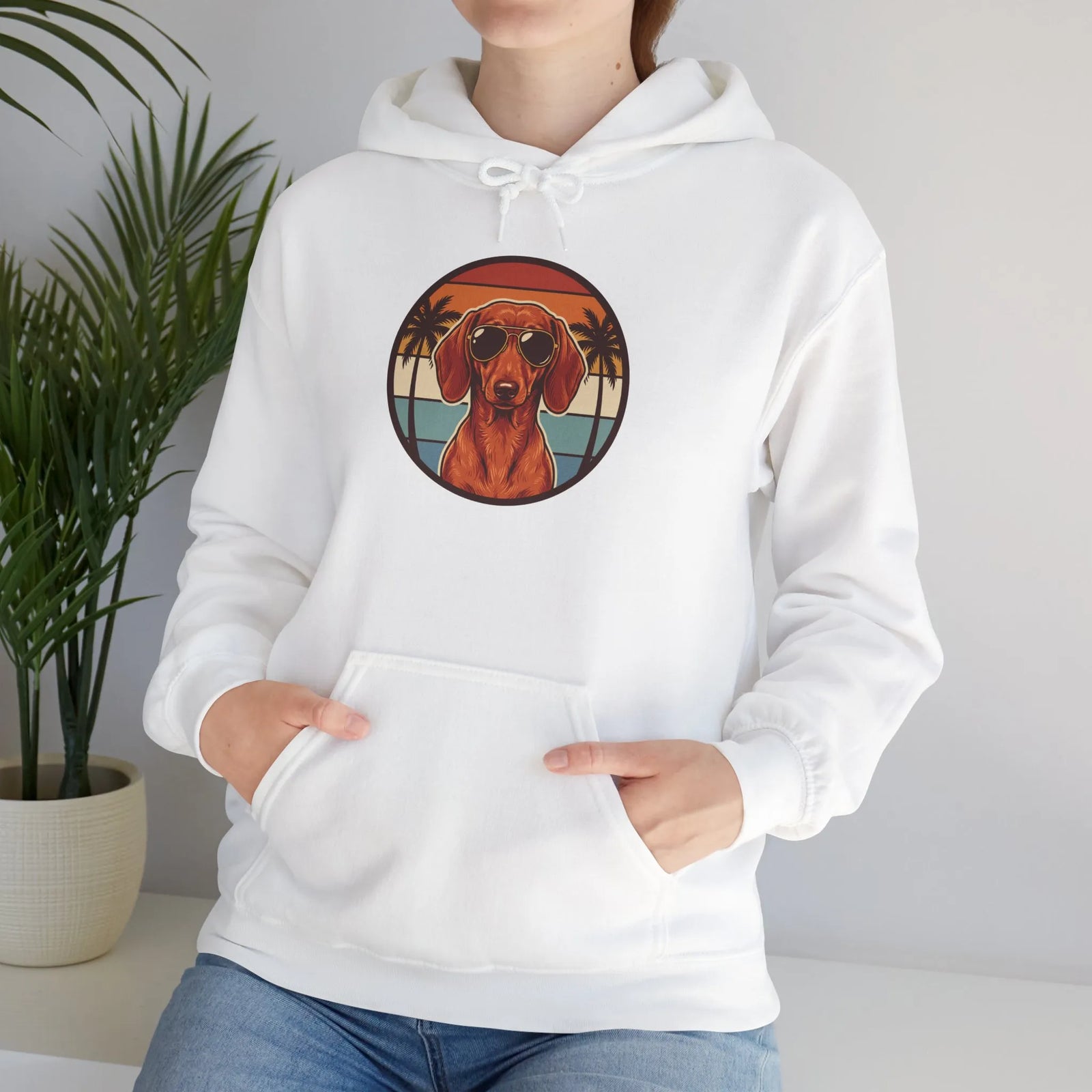 Dachshund 70s Sunset Aviators Hoodie - Medium-Heavy Cotton Blend Pullover - Unisex White