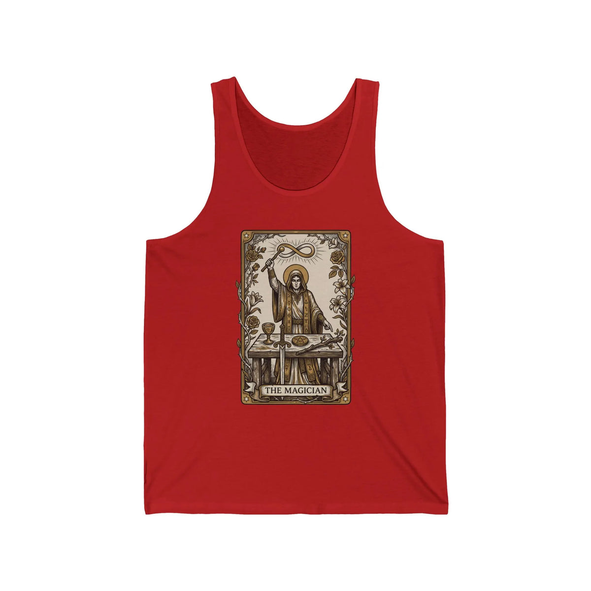 Tarot Card Magician Graphic Tank Top - Retail Fit Combed Cotton Jersey - Unisex White