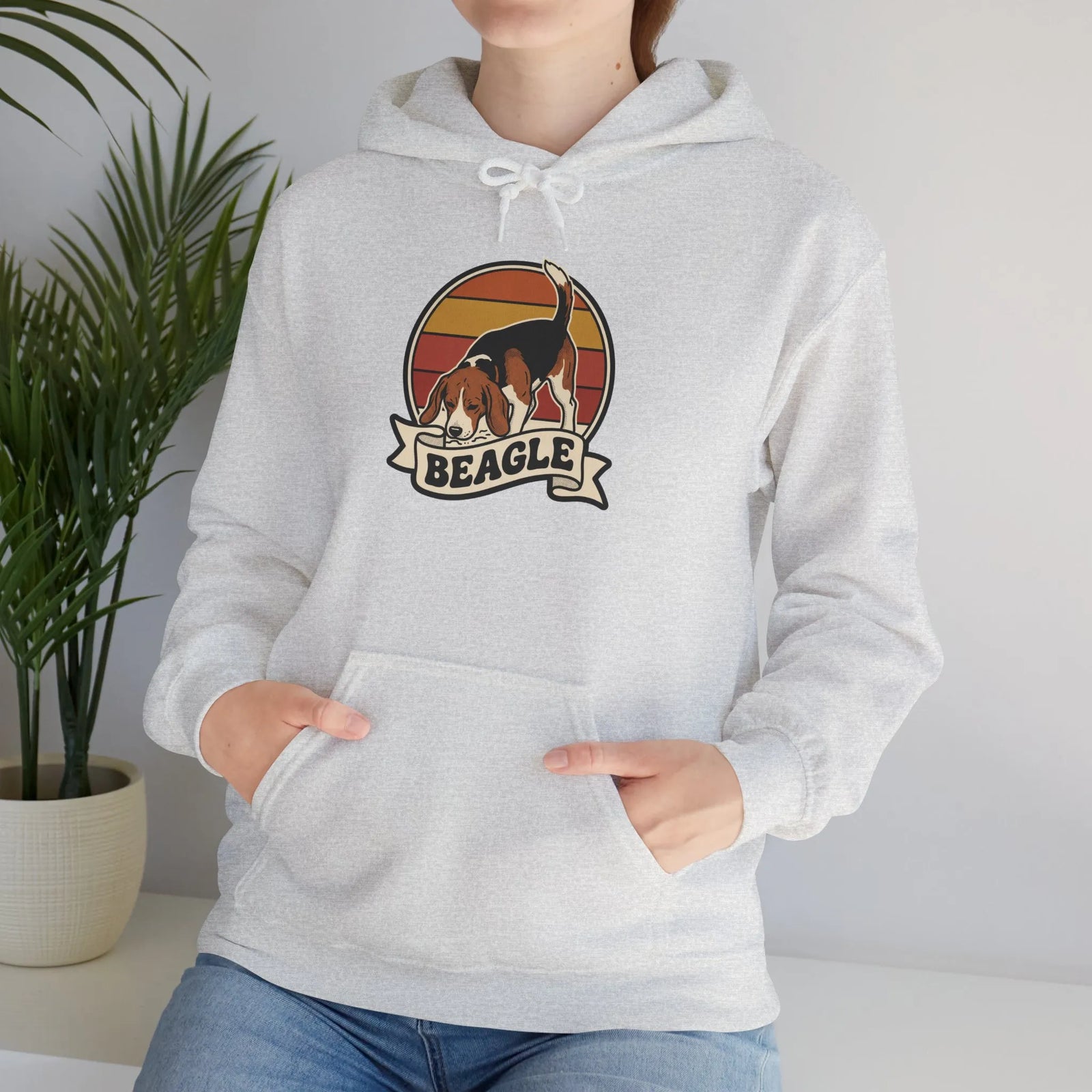 Retro Beagle Sunset Hoodie - Soft Heavy Blend Fleece Pullover - Unisex Ash